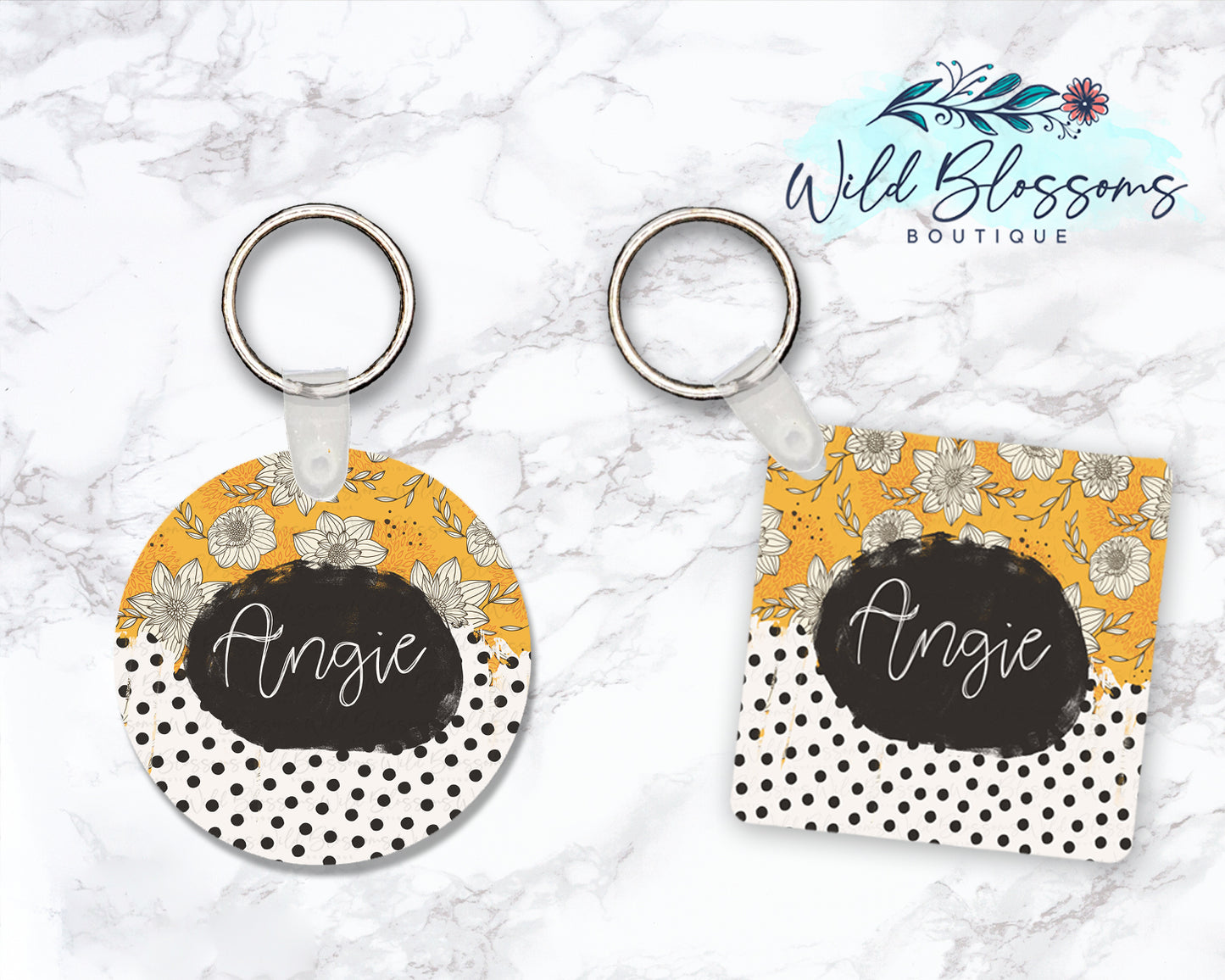 Floral Mustard and Polka Dot Personalized Round or Square Keychain