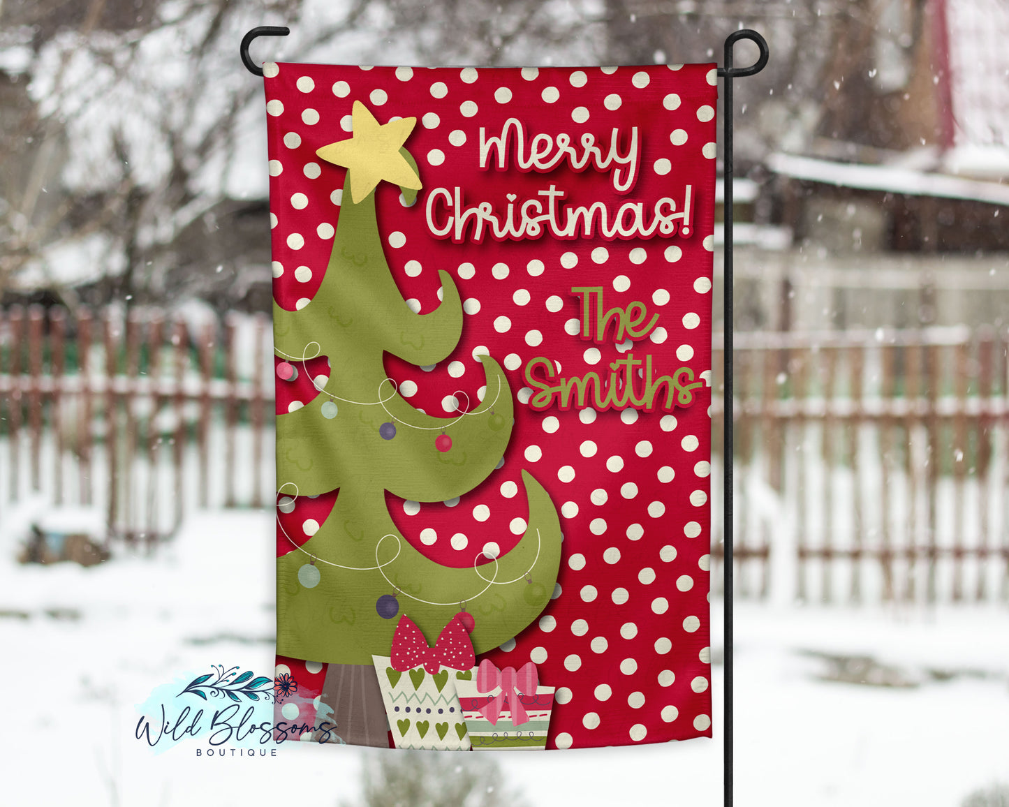 Red Polka Dot Merry Christmas Tree Christmas Personalized Garden Flag