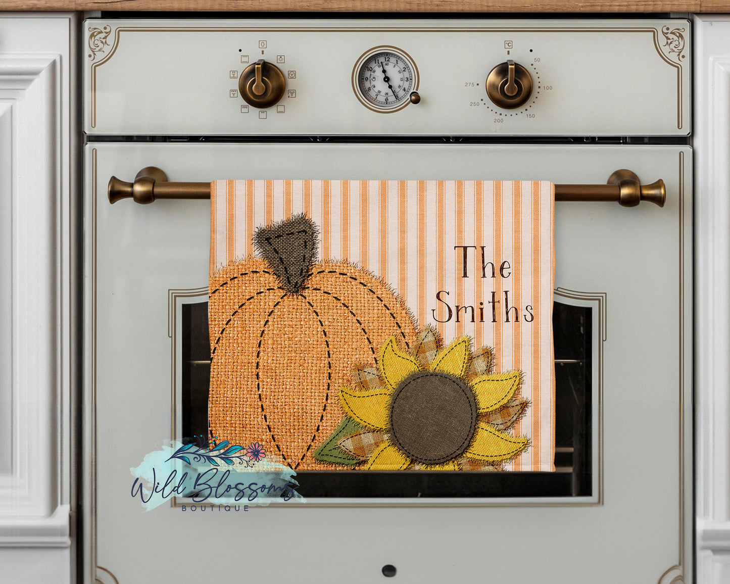 Faux Stitched Pumpkin and Sunflower Fall Personalized Kitchen Towel