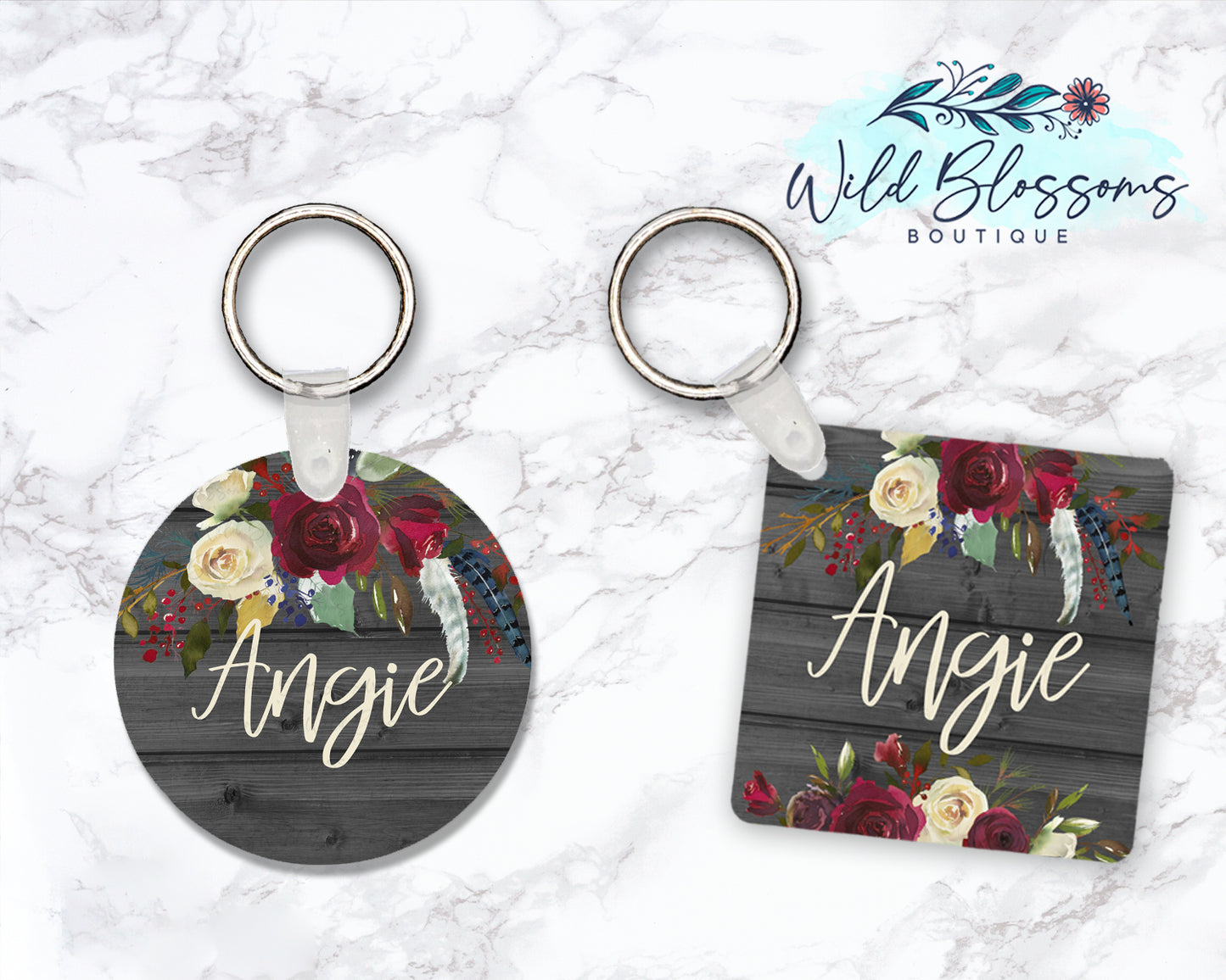 Wooden Grey And Red Floral Personalized Round or Square Keychain