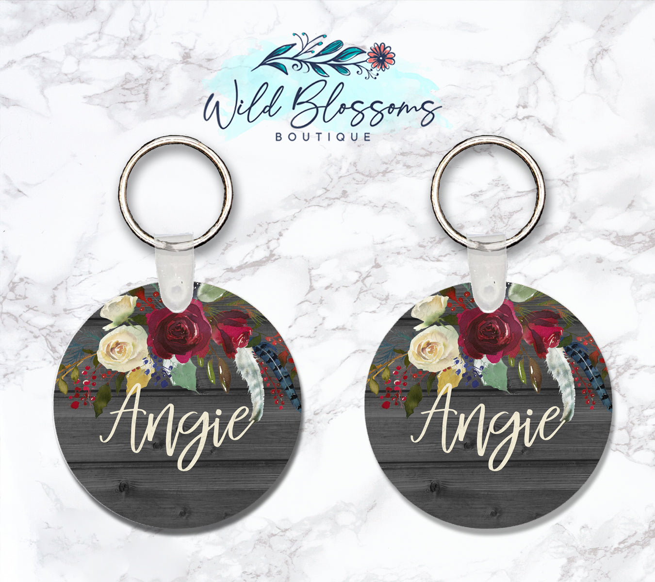 Wooden Grey And Red Floral Personalized Round or Square Keychain