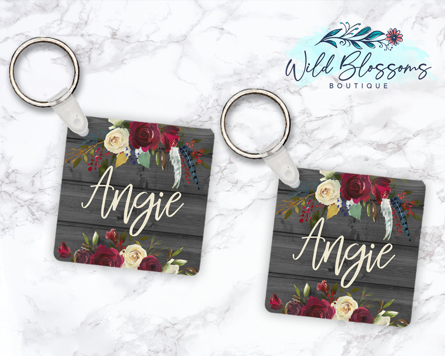 Wooden Grey And Red Floral Personalized Round or Square Keychain