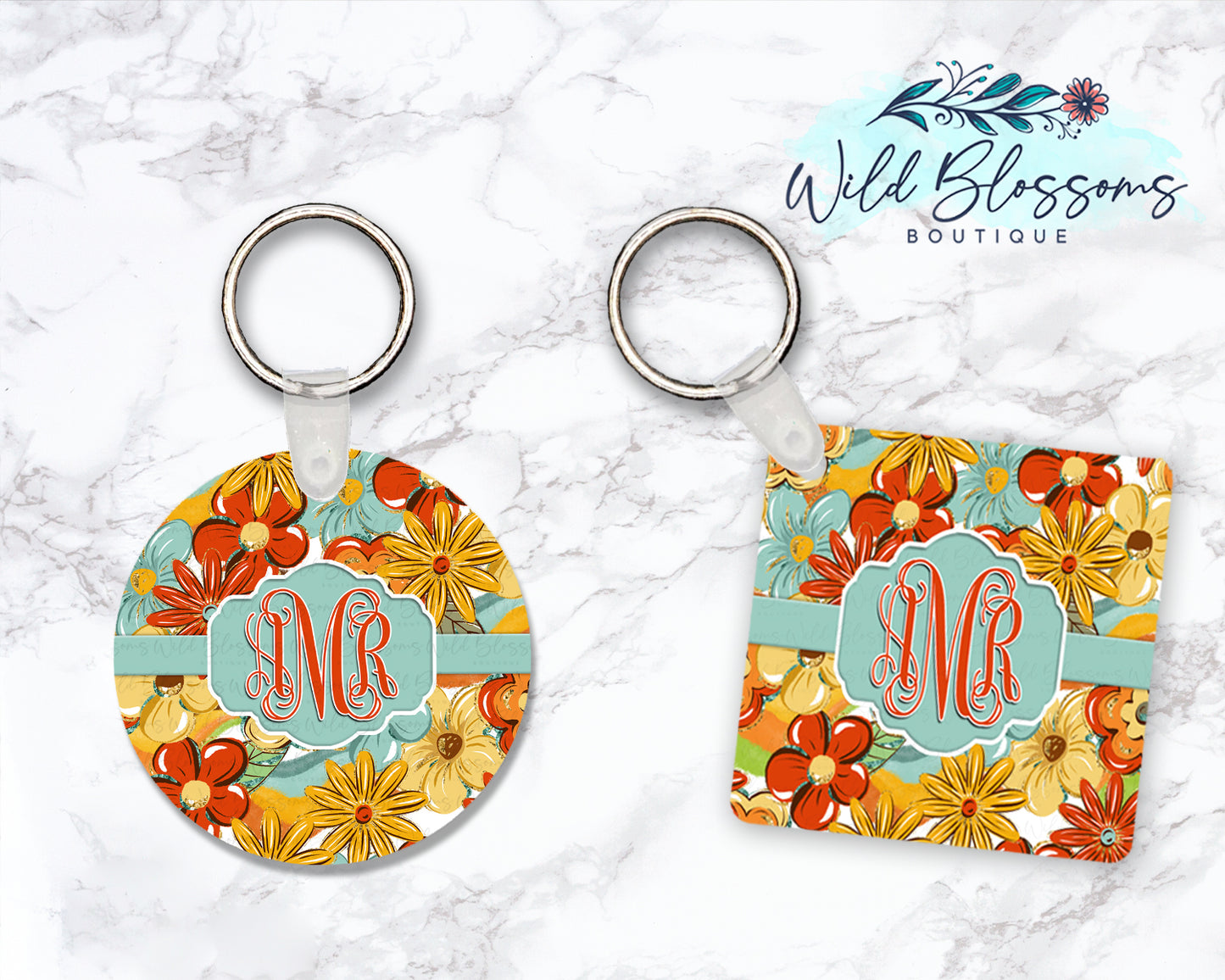 Groovy Flowers Personalized Round or Square Keychain