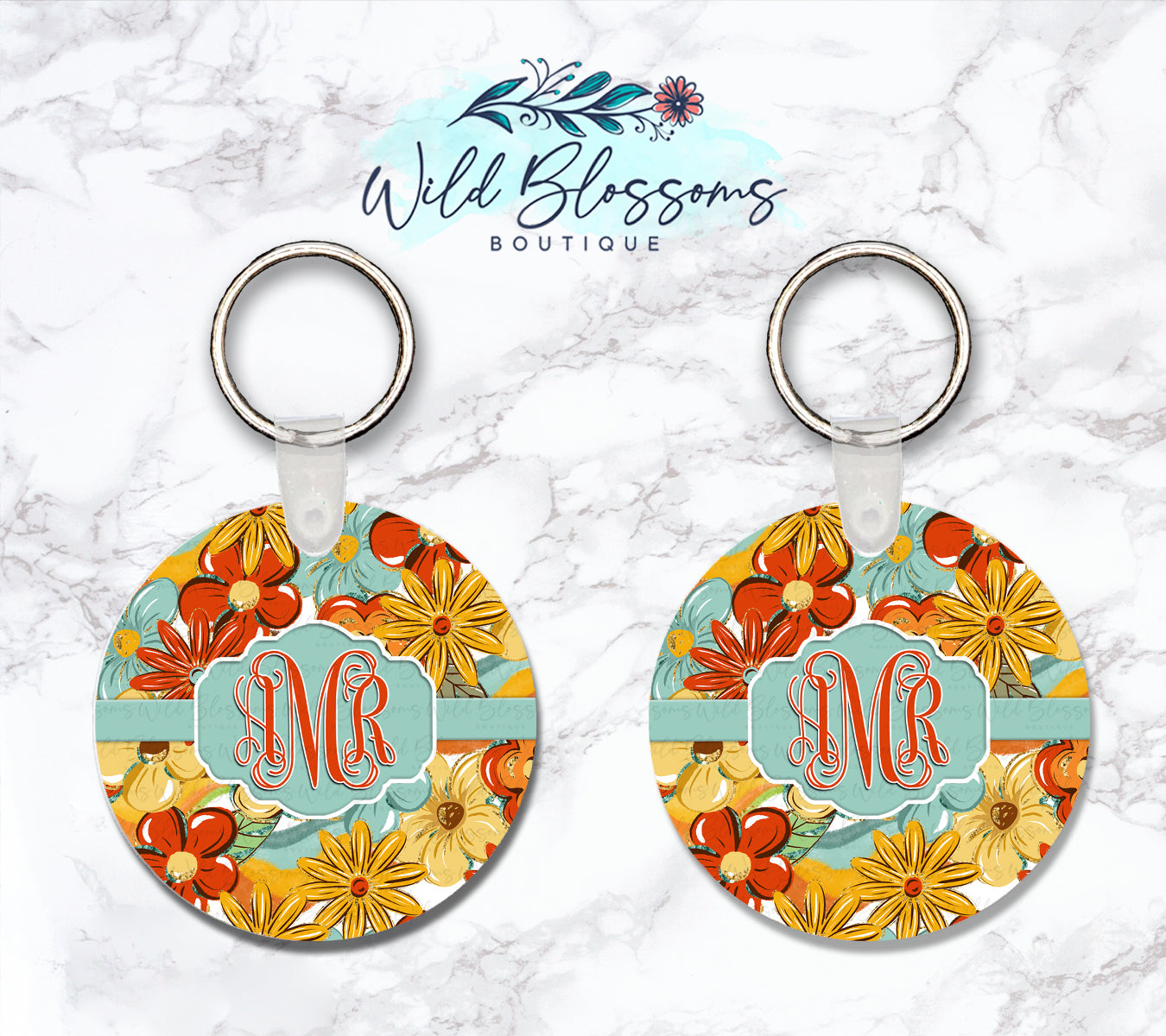 Groovy Flowers Personalized Round or Square Keychain