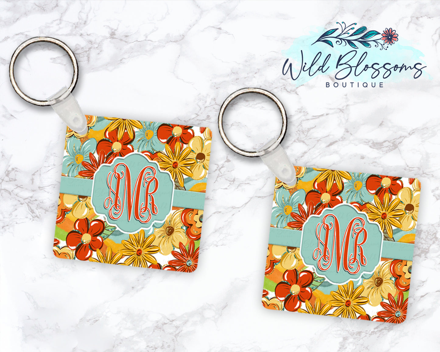Groovy Flowers Personalized Round or Square Keychain