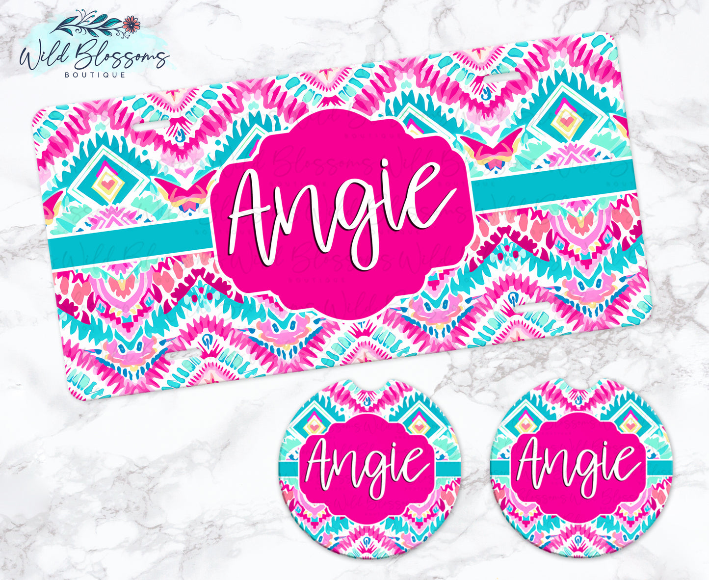 Hot Pink And Aqua Southwestern Personalized Car Coasters