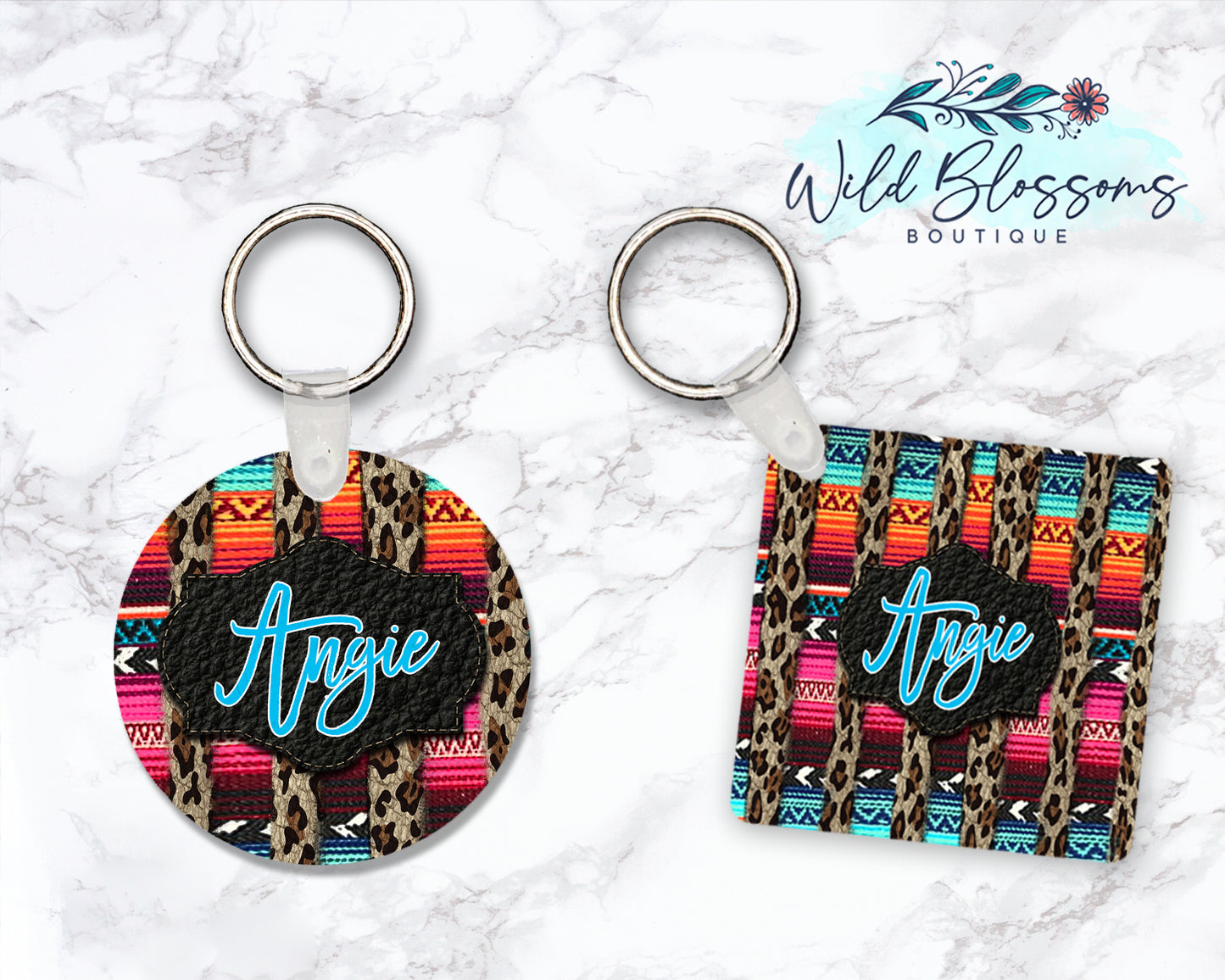Serape And Leopard Striped Personalized Round or Square Keychain