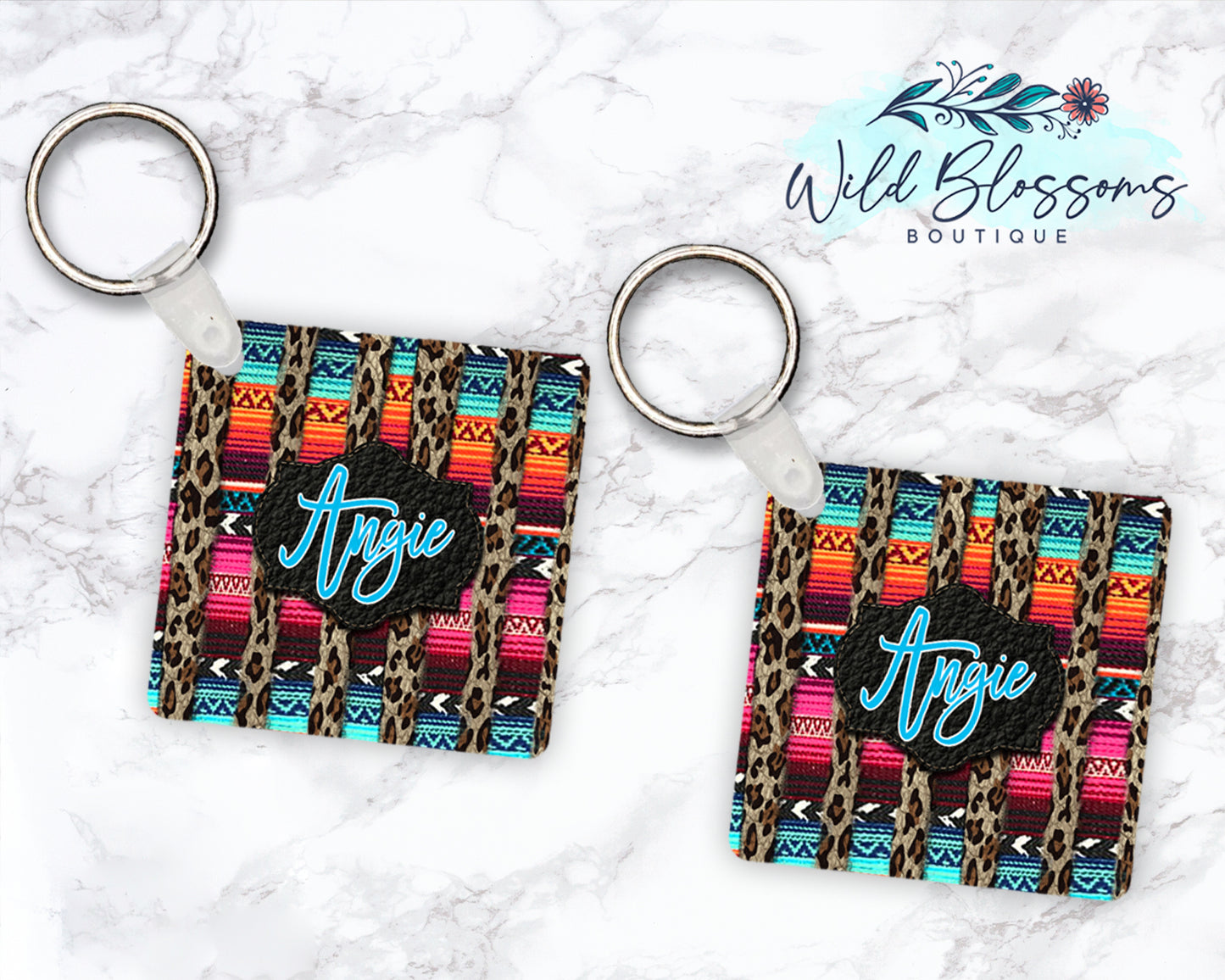 Serape And Leopard Striped Personalized Round or Square Keychain