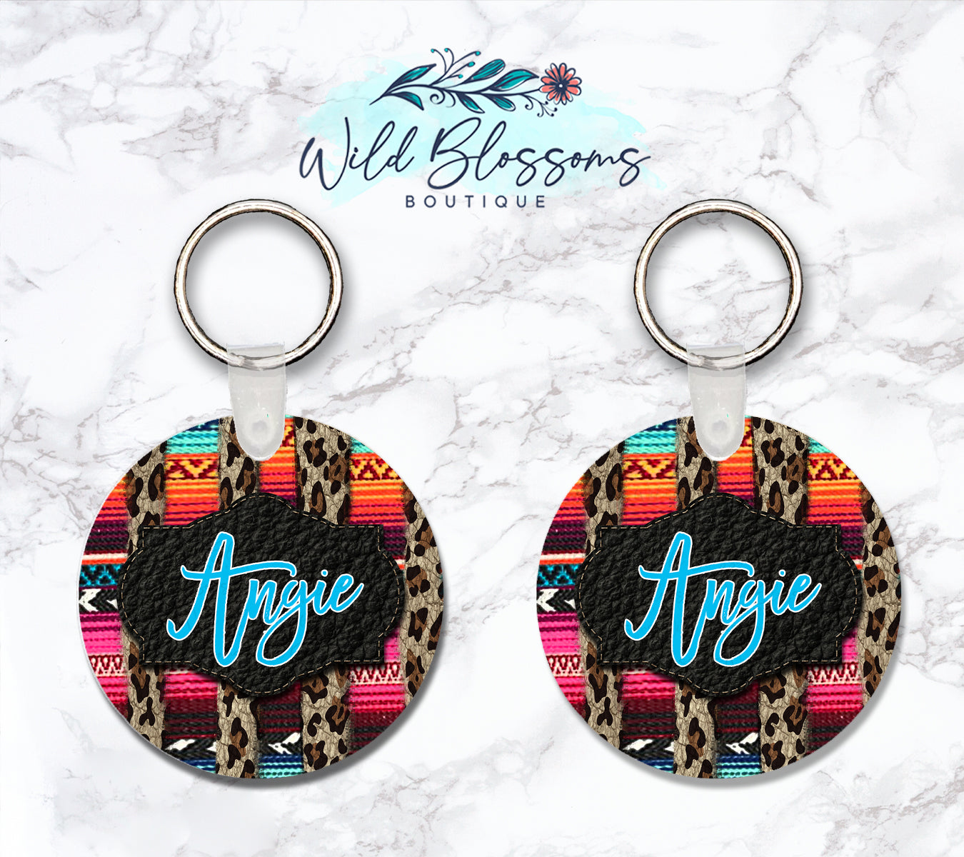 Serape And Leopard Striped Personalized Round or Square Keychain