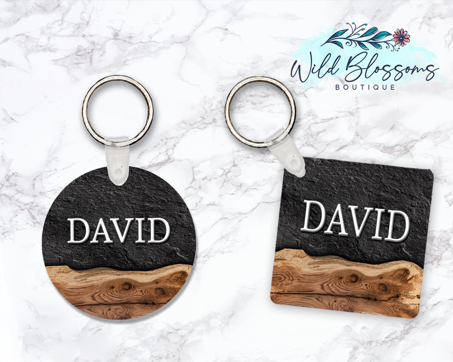 Live Edge Wood And Black Stone Personalized Round or Square Keychain