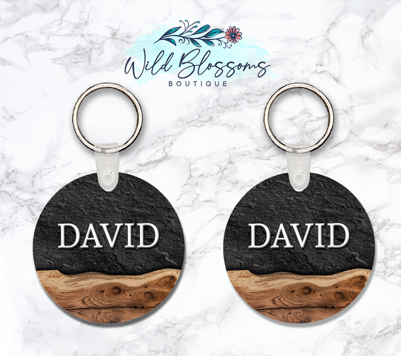 Live Edge Wood And Black Stone Personalized Round or Square Keychain