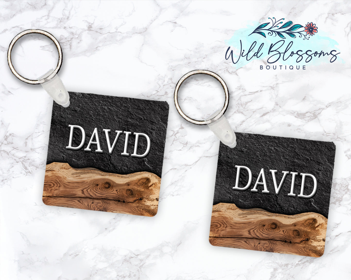 Live Edge Wood And Black Stone Personalized Round or Square Keychain