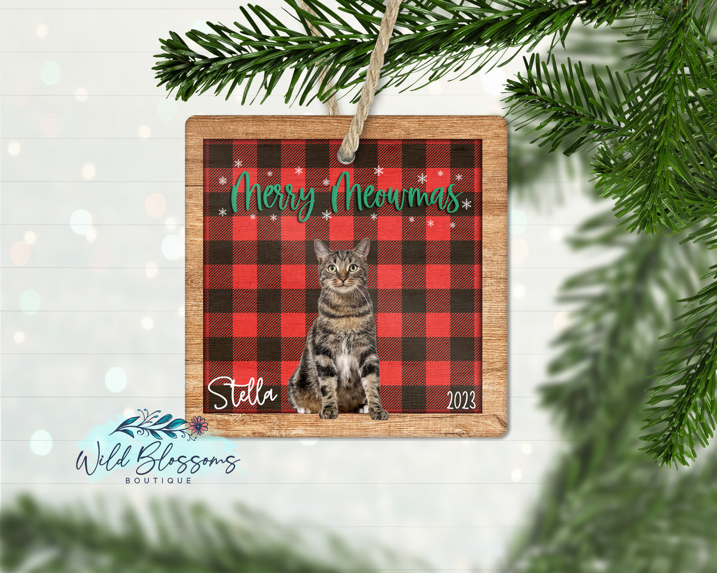 Merry Woofmas Buffalo Plaid Wooden Frame Photo Ornament