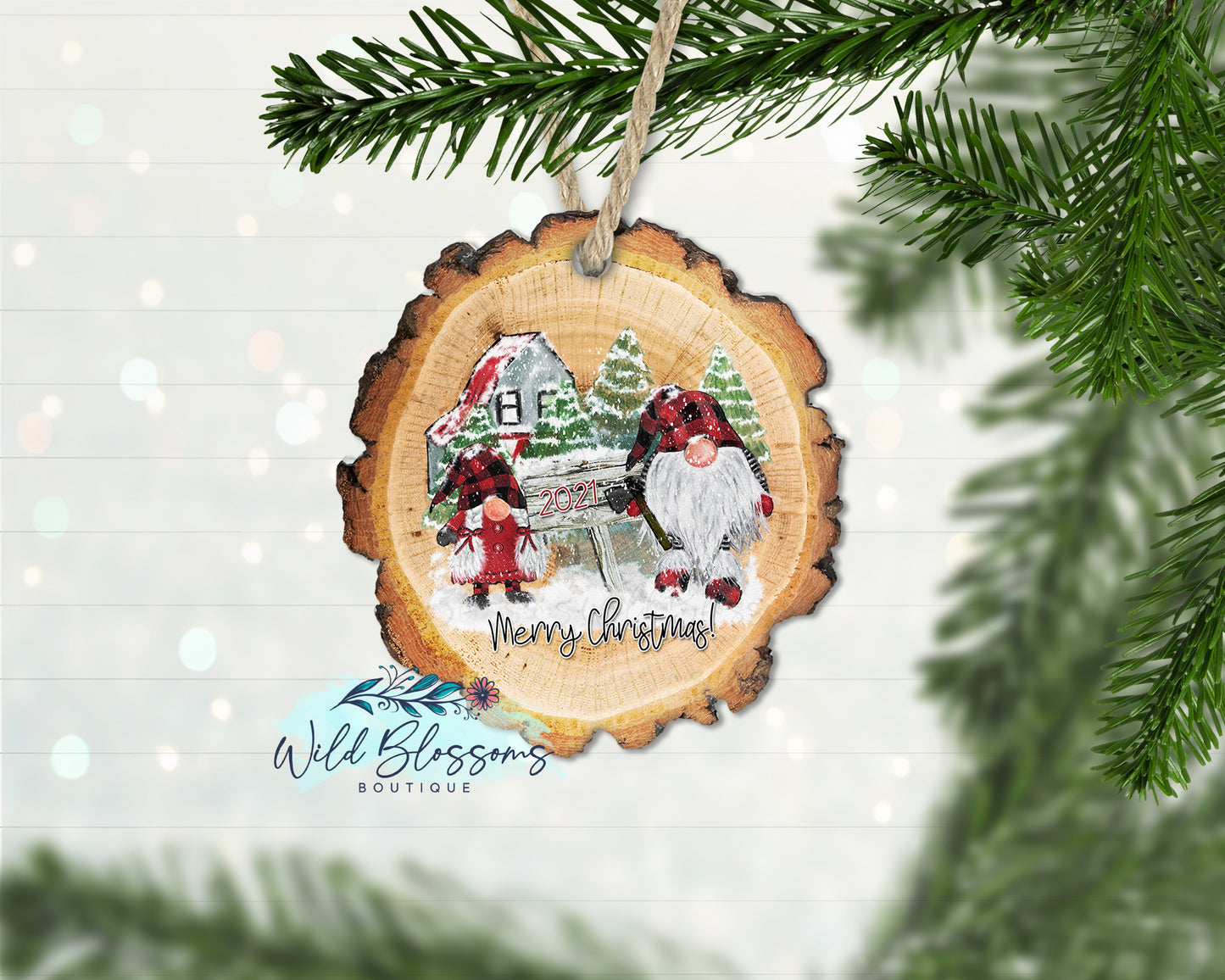 Christmas Gnomes Scene Wood Slice Ornament