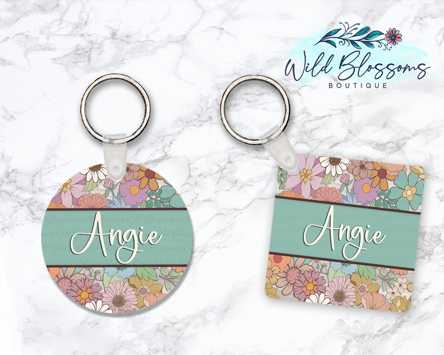 Floral Mums And Daises Personalized Round or Square Keychain