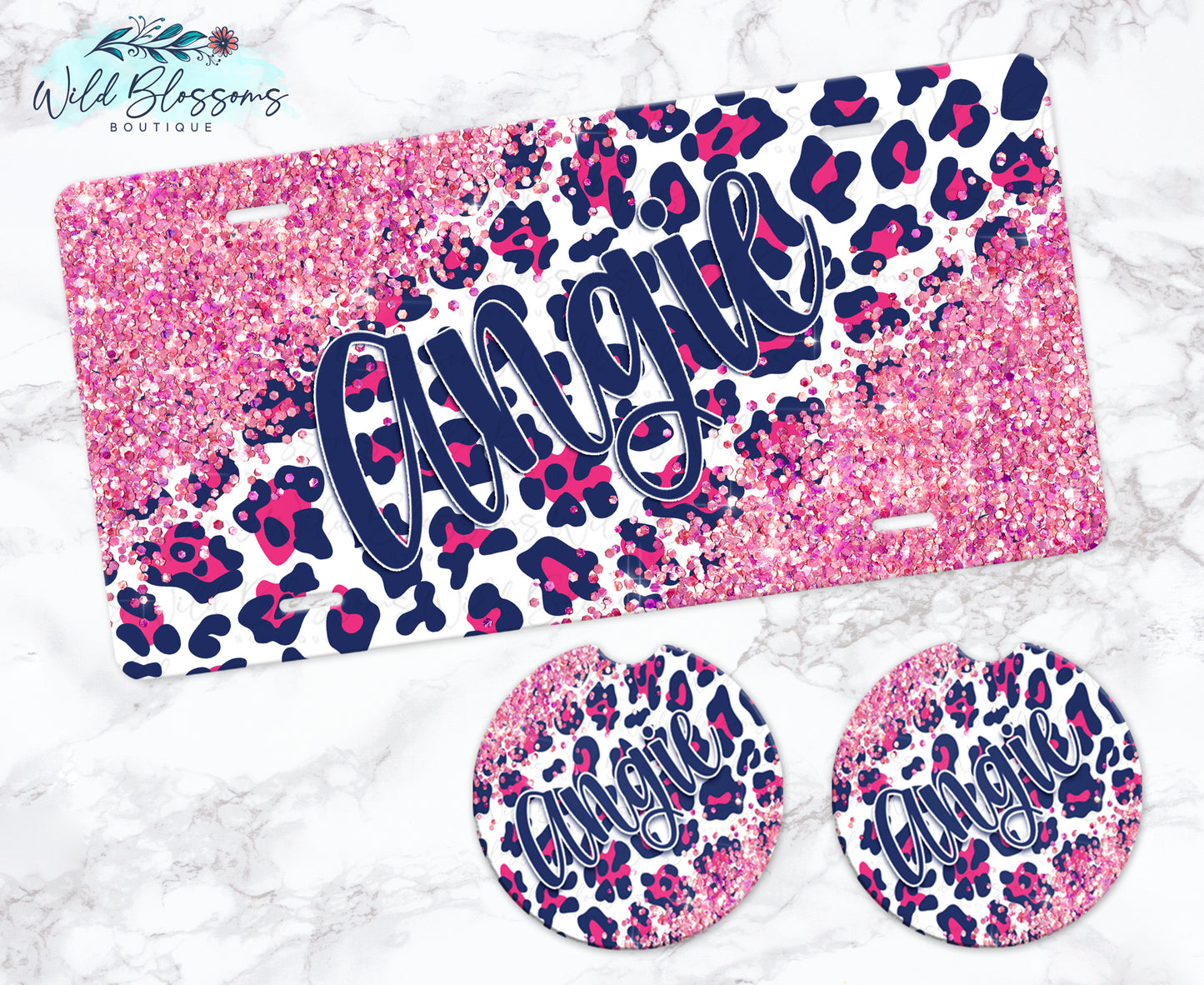 Navy And Hot Pink Leopard Print Glitter Look Personalized License Plate