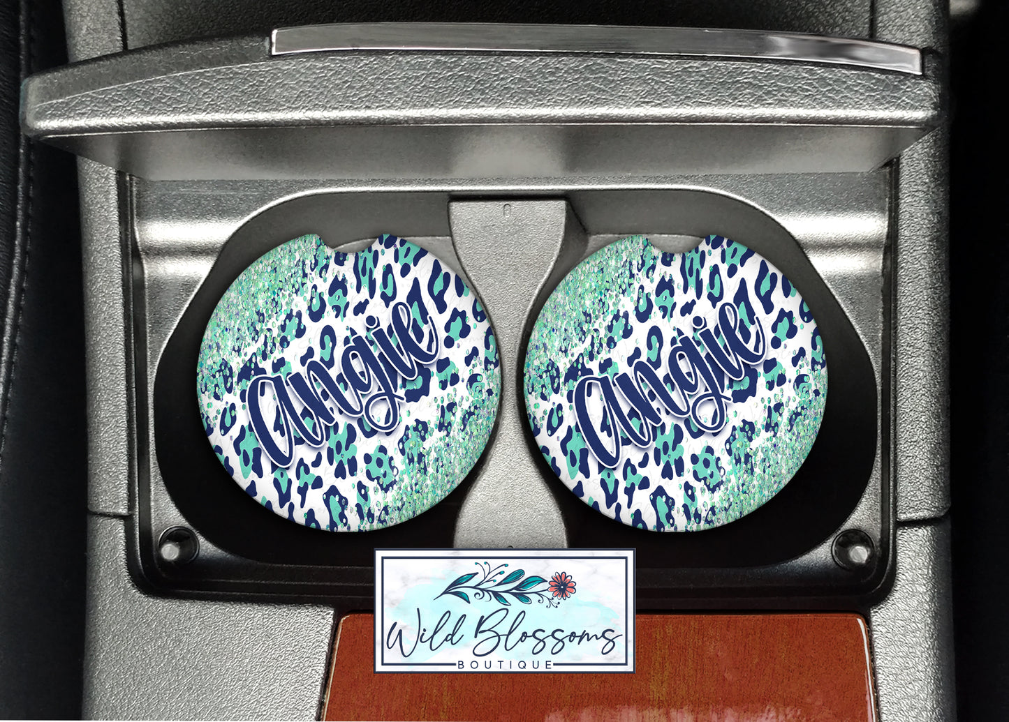Navy And Mint Leopard Print Glitter Look Personalized License Plate