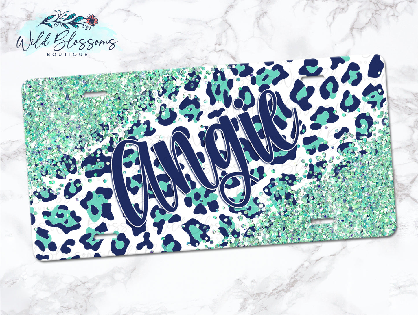Navy And Mint Leopard Print Glitter Look Personalized License Plate