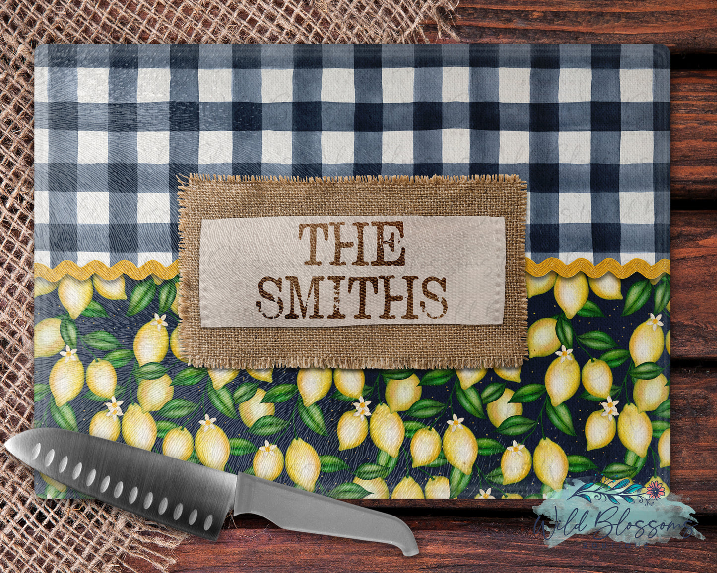 Navy Lemon Farmhouse Personalized Pot Holder And Oven Mitt