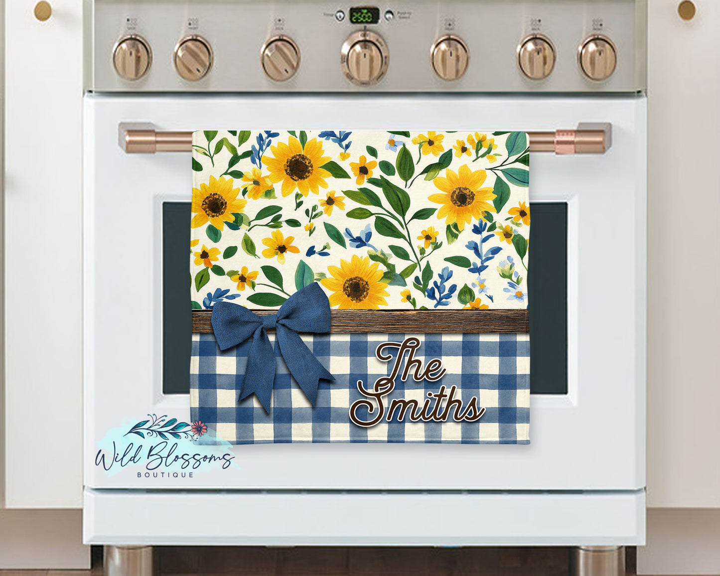 Navy Buffalo Plaid Sunflower Floral Personalized Pot Holder And Oven Mitt