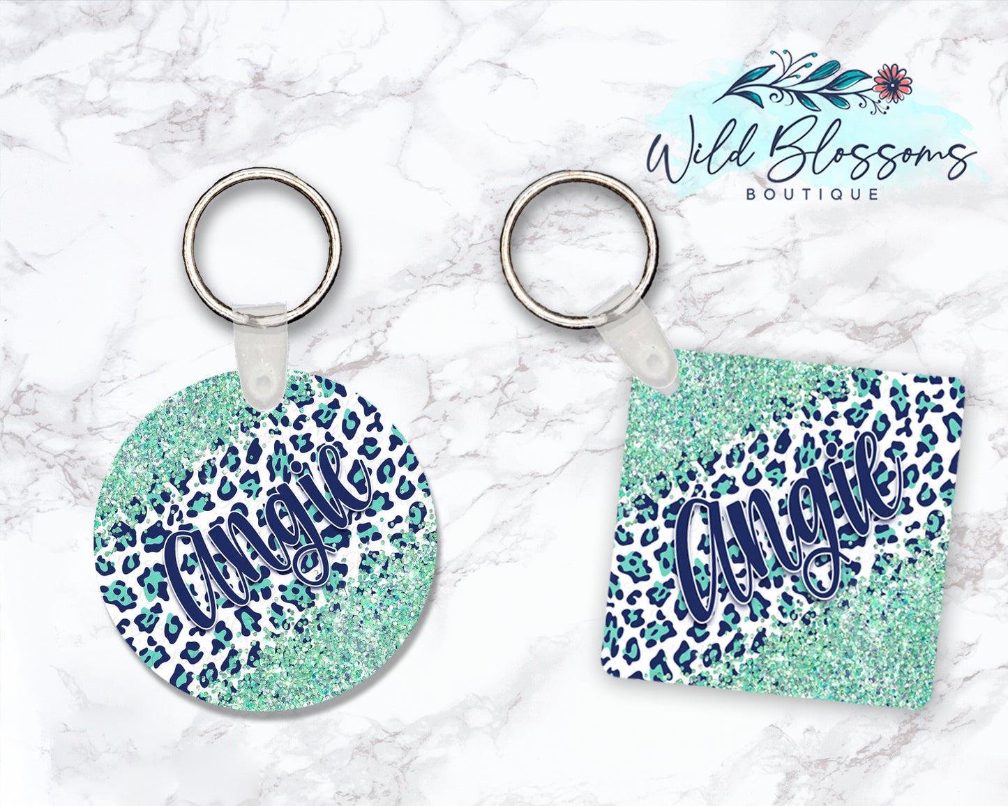 Navy And Mint Leopard Print Glitter Look Personalized Round or Square Keychain