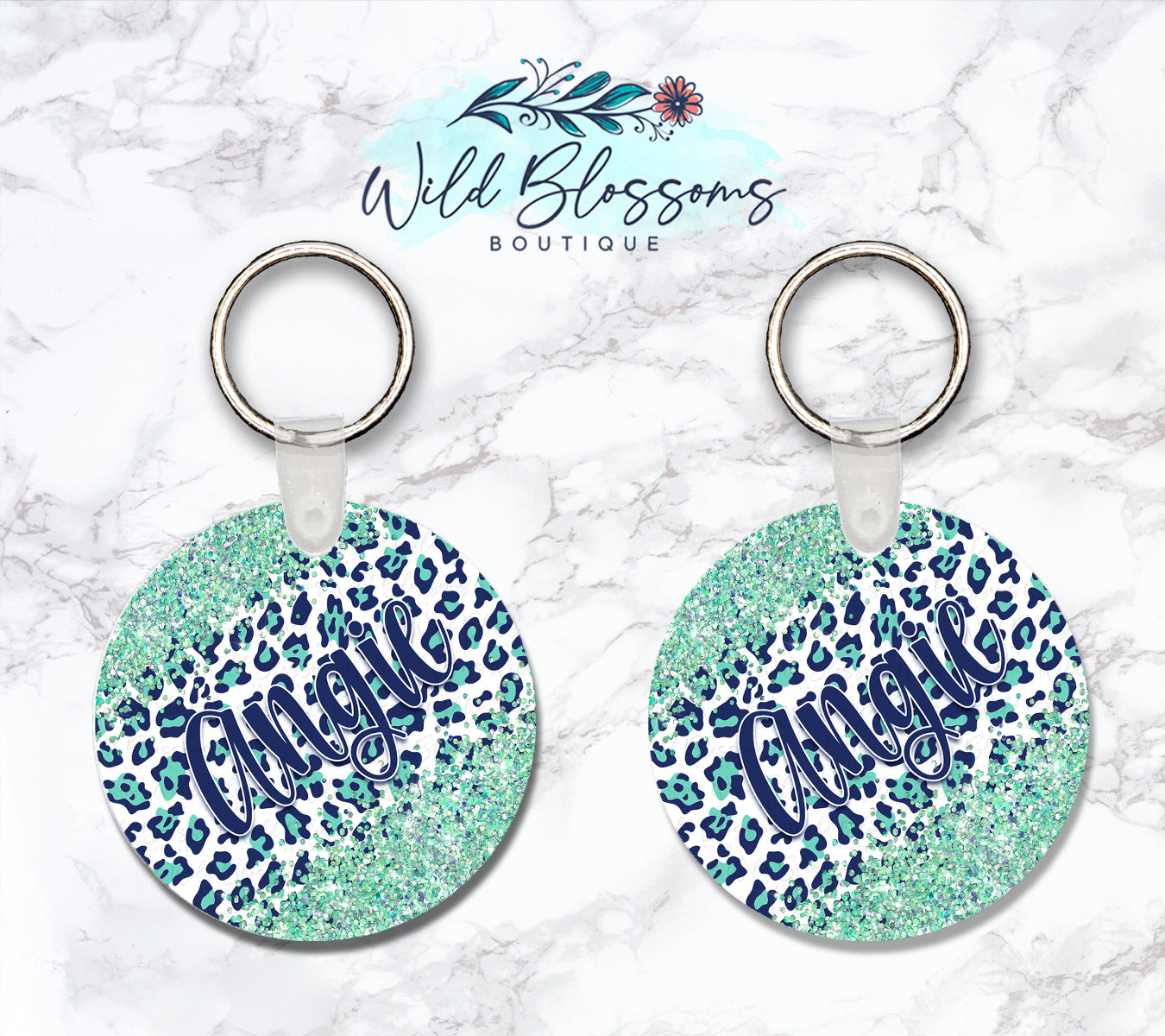 Navy And Mint Leopard Print Glitter Look Personalized Round or Square Keychain