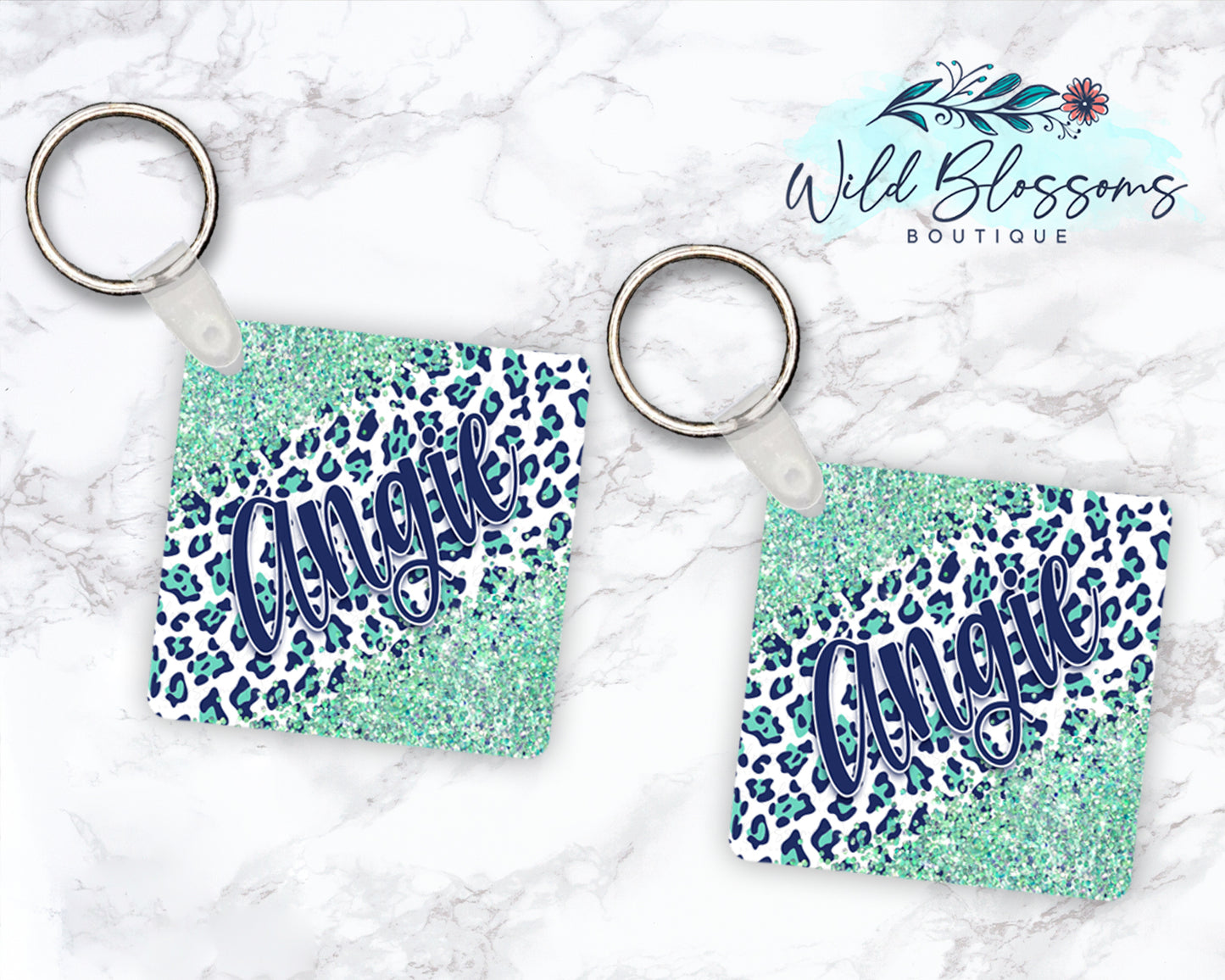 Navy And Mint Leopard Print Glitter Look Personalized Round or Square Keychain