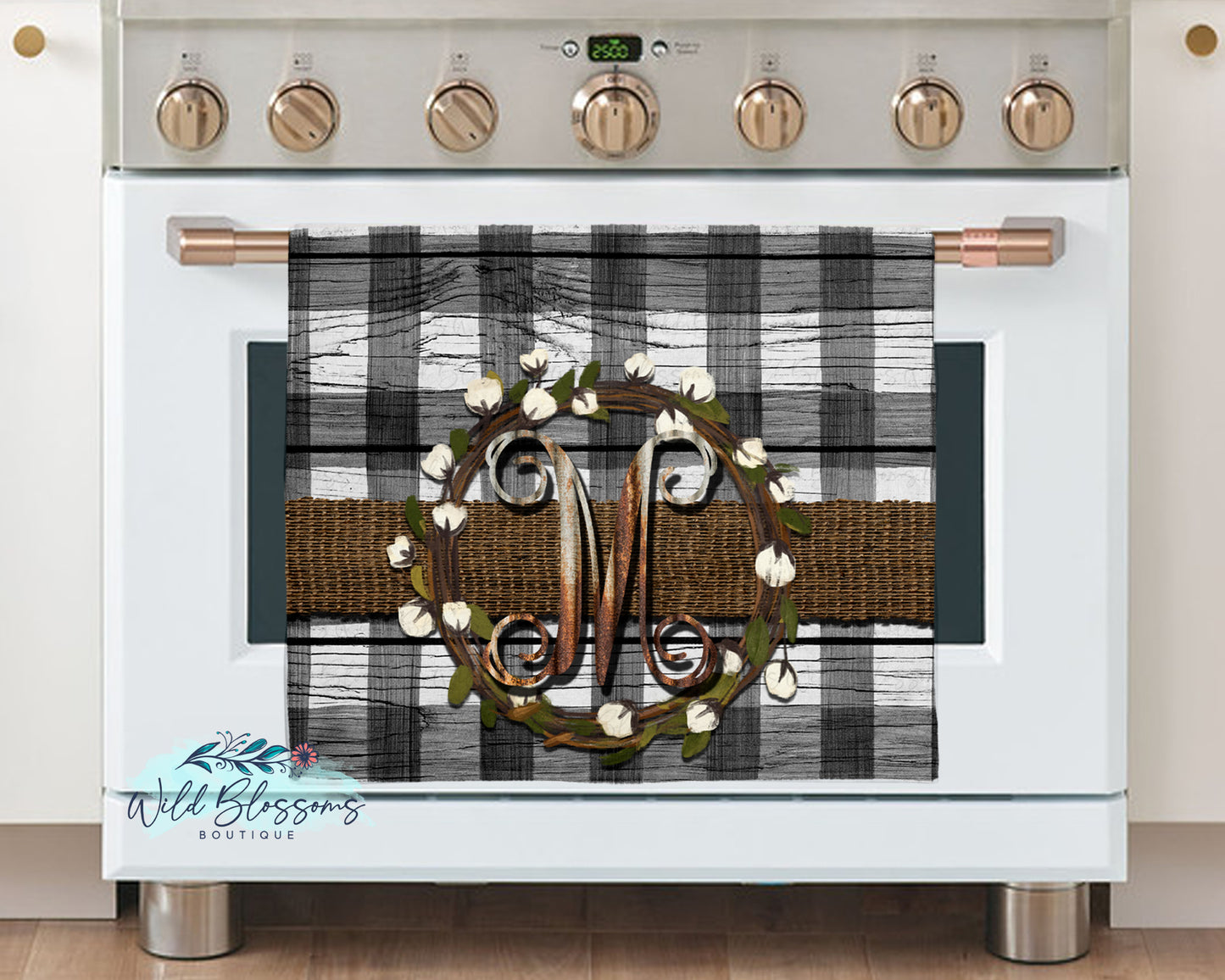 Wooden White Buffalo Plaid Burlap and Cotton Wreath Personalized Kitchen Towel