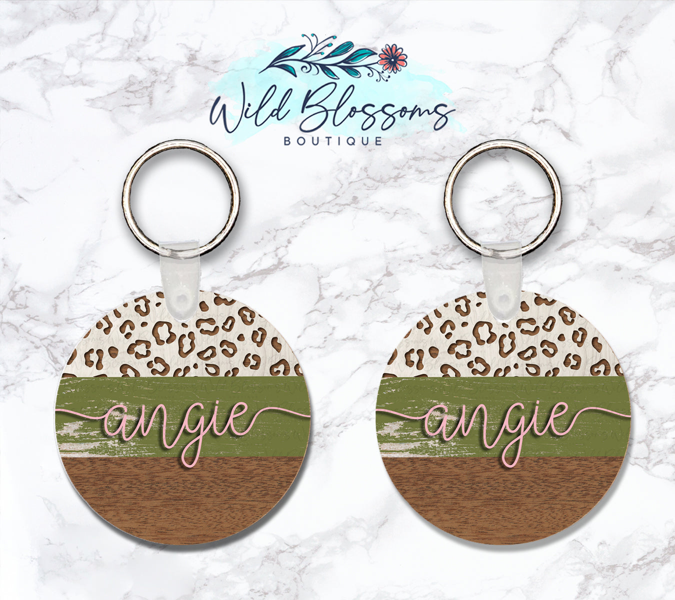 Olive Wooden Leopard Print Personalized Round or Square Keychain