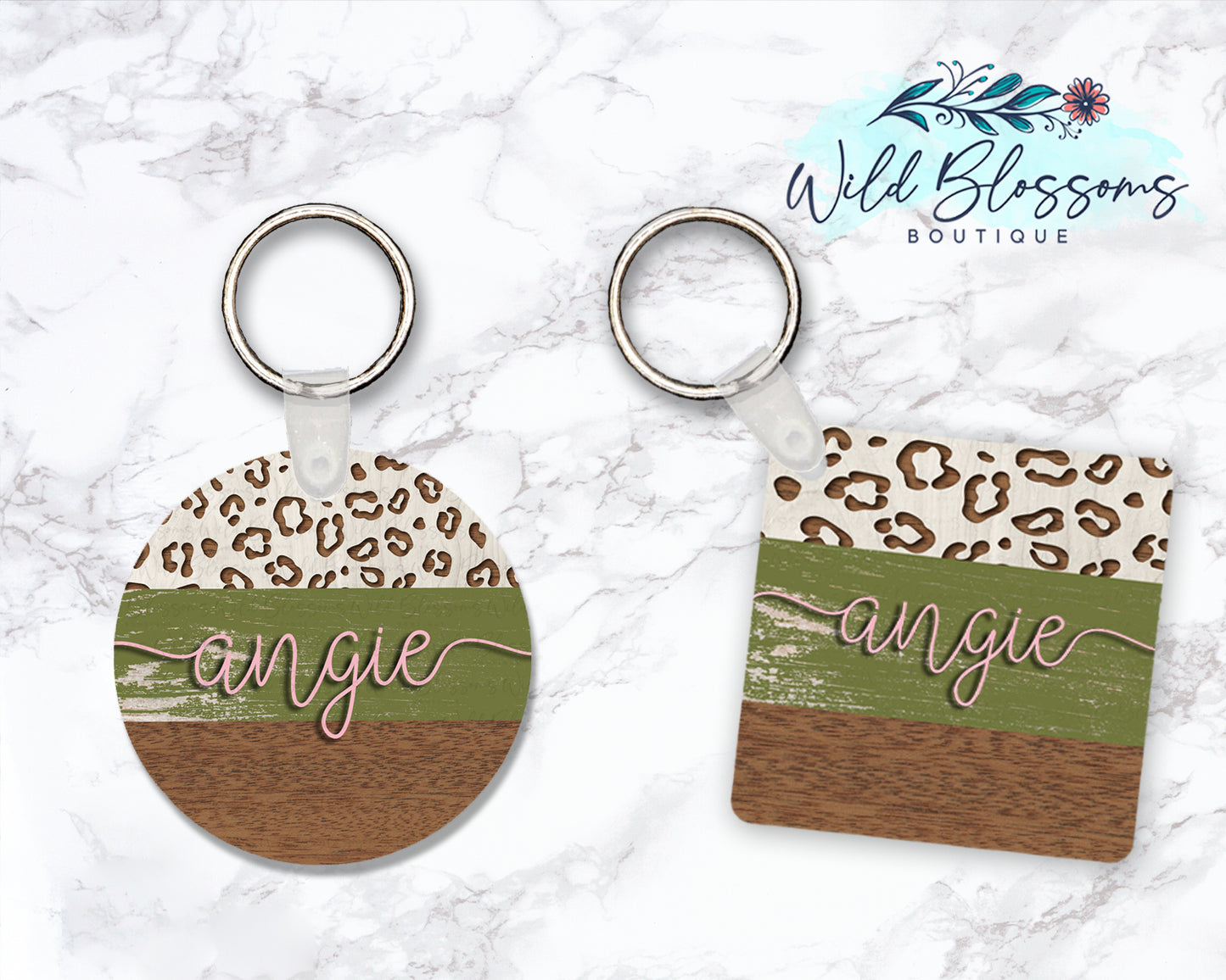 Olive Wooden Leopard Print Personalized Round or Square Keychain