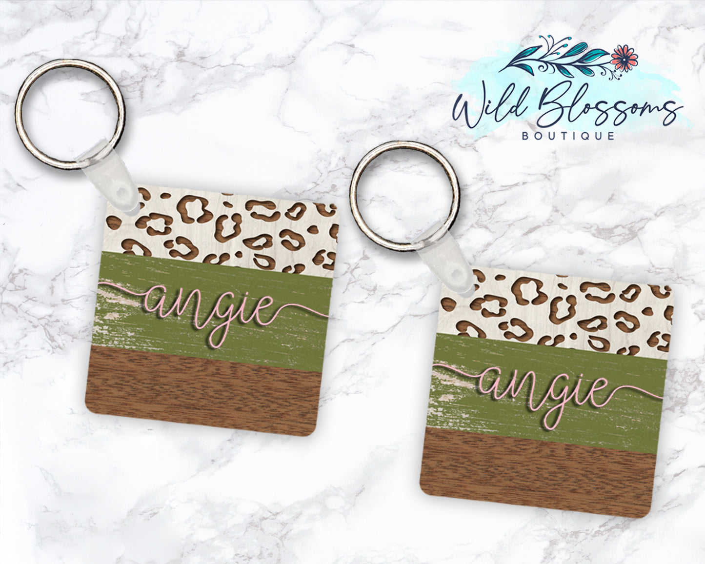Olive Wooden Leopard Print Personalized Round or Square Keychain