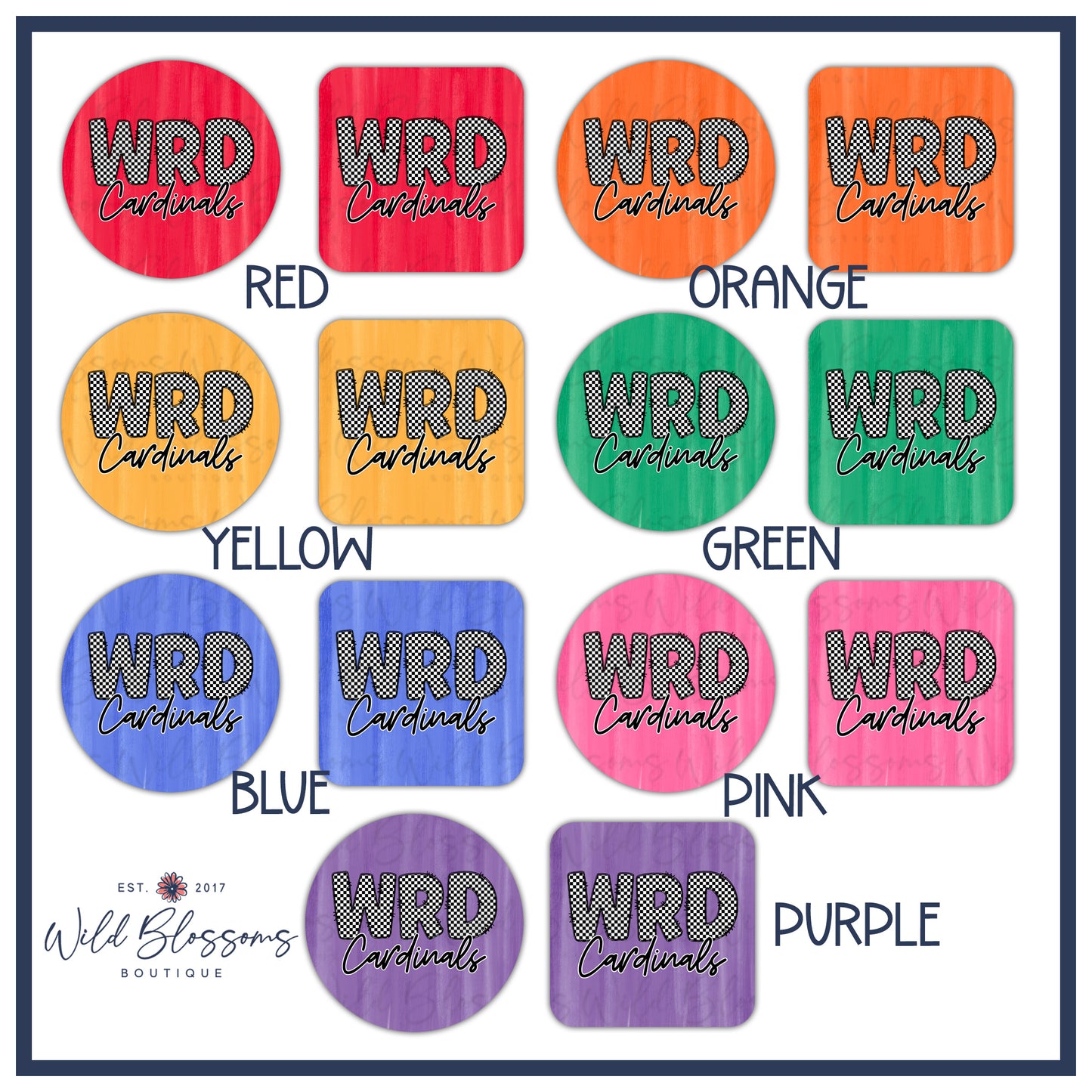 Color swatches with 'WRD Cardinals' text in various colors and Wild Blossoms Boutique branding.