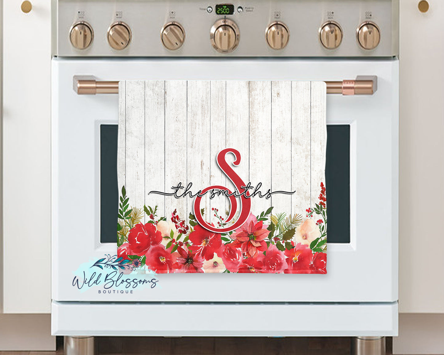 Wooden Poinsettia Christmas Floral Personalized Kitchen Towel