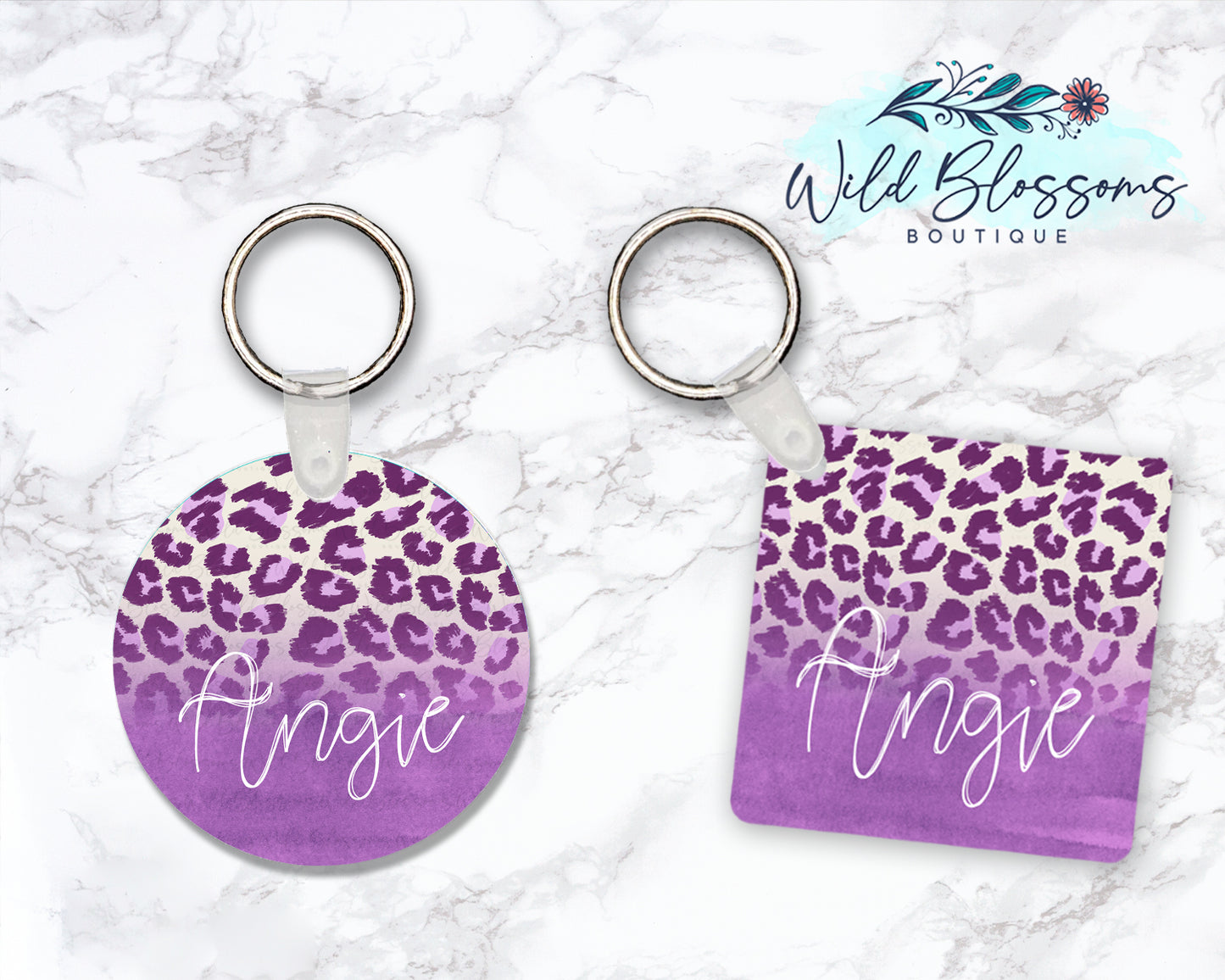 Purple Leopard Print Personalized Round or Square Keychain