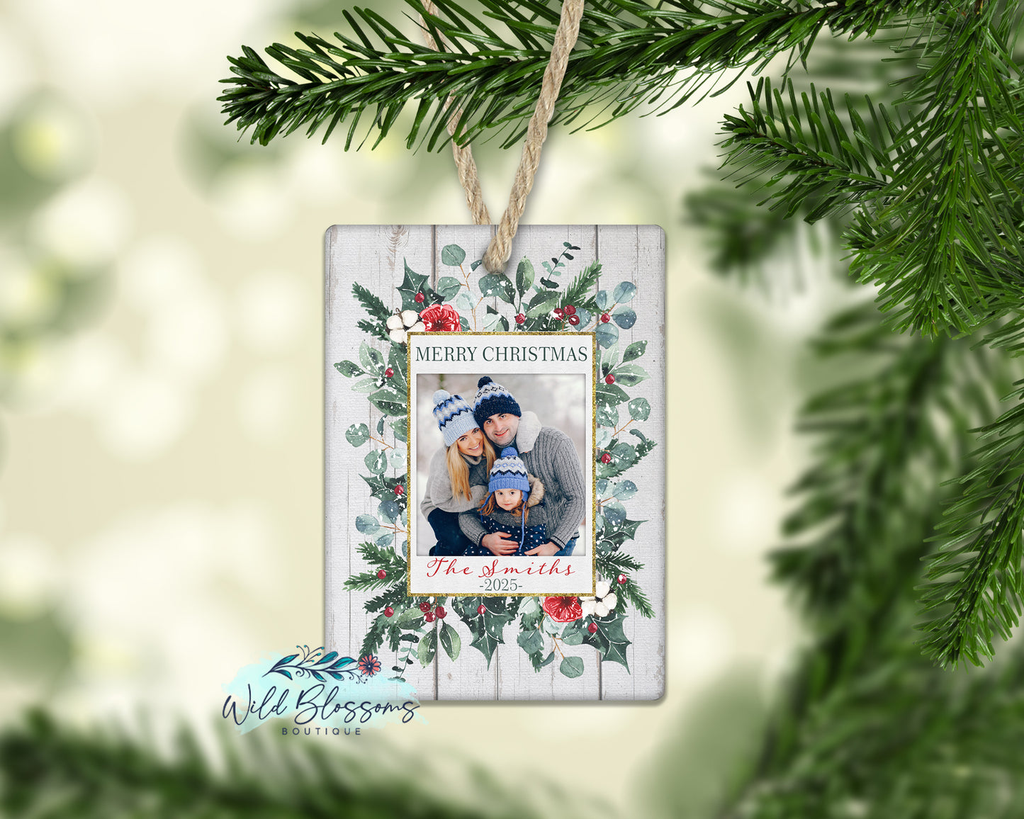 Merry Christmas Wooden Floral Winter Frame Personalized Photo Ornament