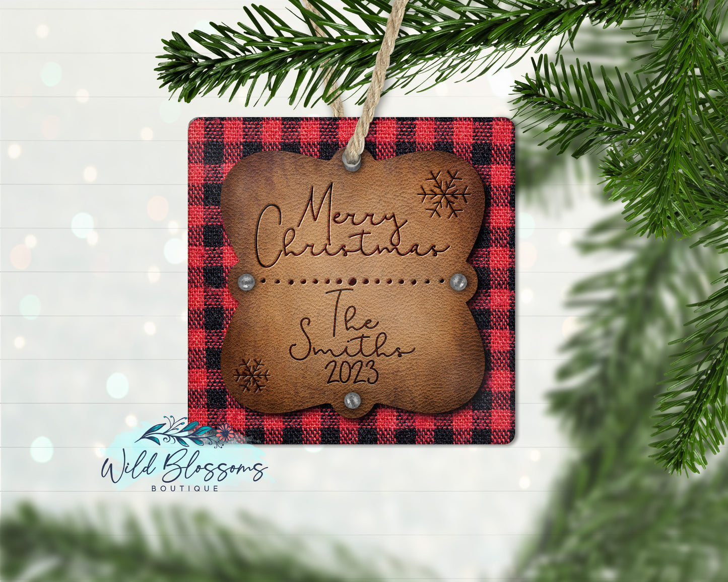 Red Buffalo Plaid Leather Look Snowflake Ornament