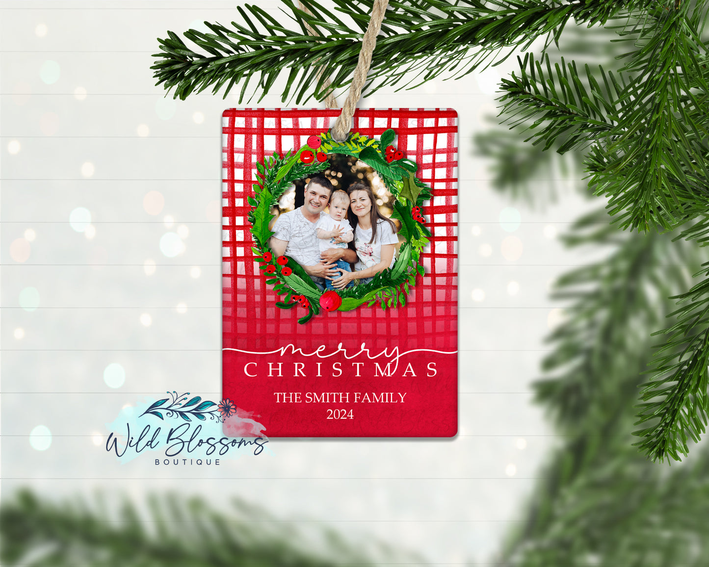 Red Crosshatch Christmas Wreath Personalized Photo Ornament