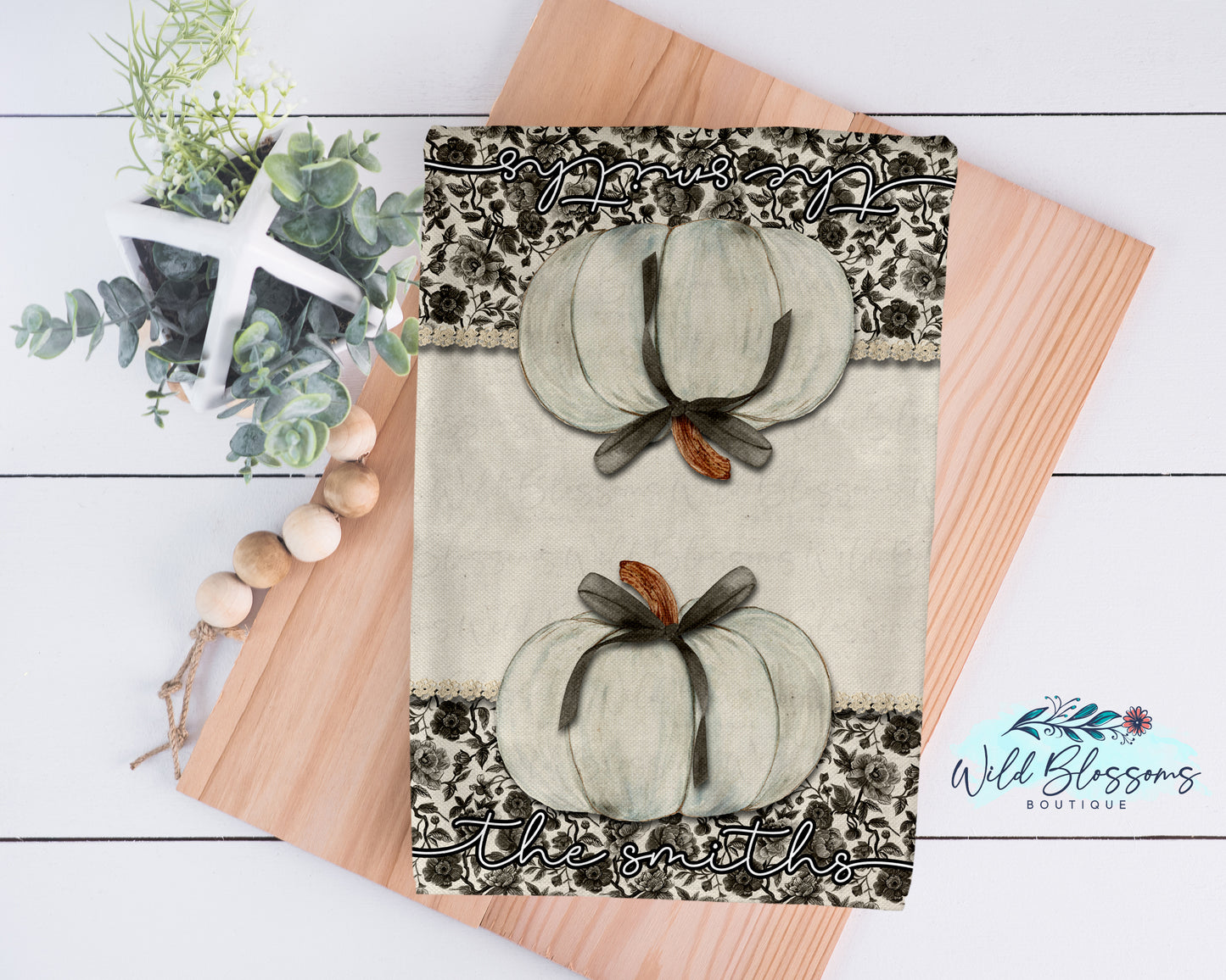 Rustic Black Floral Pumpkin Fall Personalized Kitchen Towel