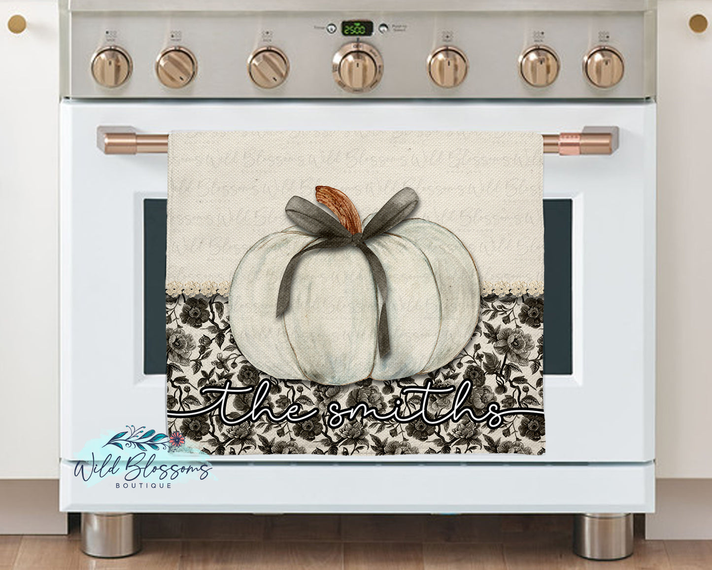 Rustic Black Floral Pumpkin Fall Personalized Kitchen Towel