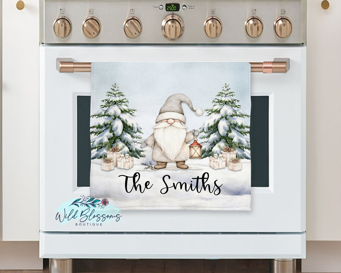 Rustic Winter Gnome Personalized Kitchen Towel