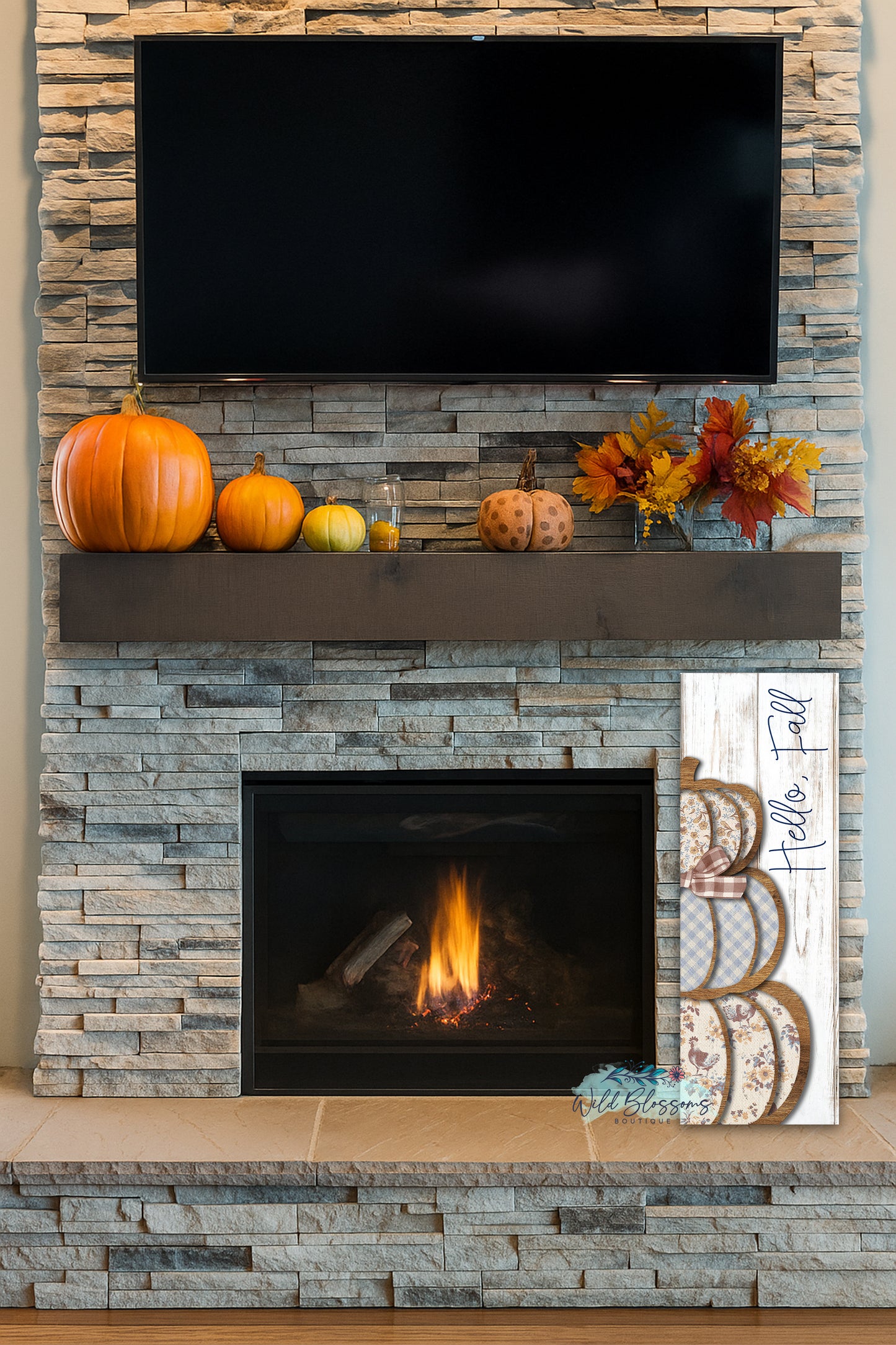 Rustic Blue Chicken Hello Fall Stacked Pumpkin Vertical Sign