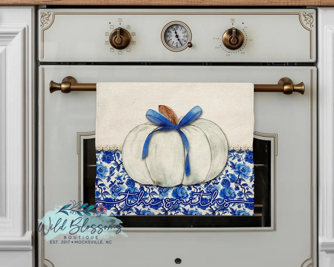 Rustic Blue Floral Pumpkin Fall Personalized Kitchen Towel