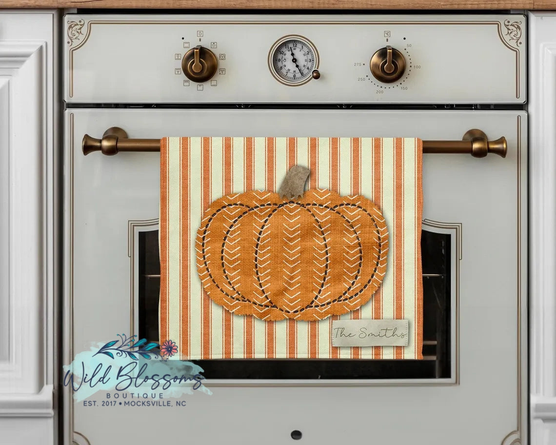 Rustic Stitched Pumpkin Grain Sack Fall Personalized Kitchen Towel
