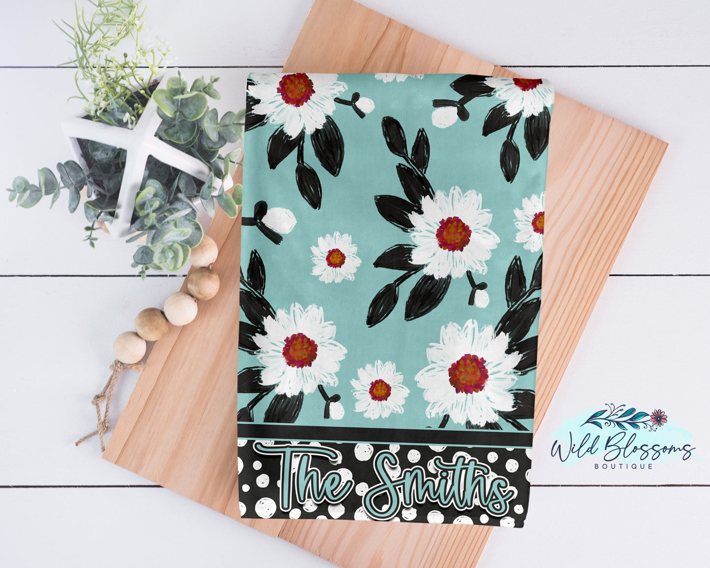 Teal Floral Polka Dot Personalized Kitchen Towel
