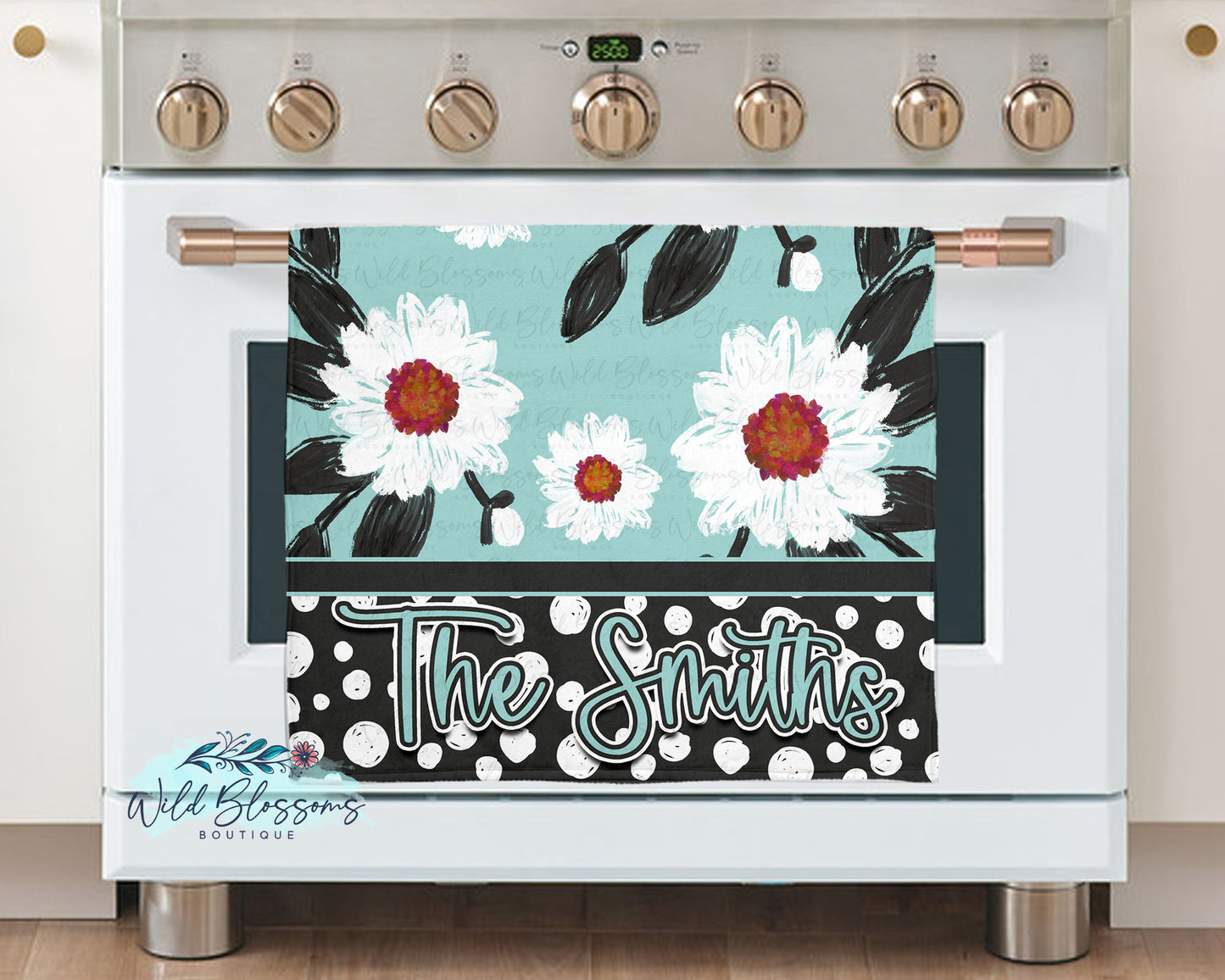 Teal Floral Polka Dot Personalized Kitchen Towel