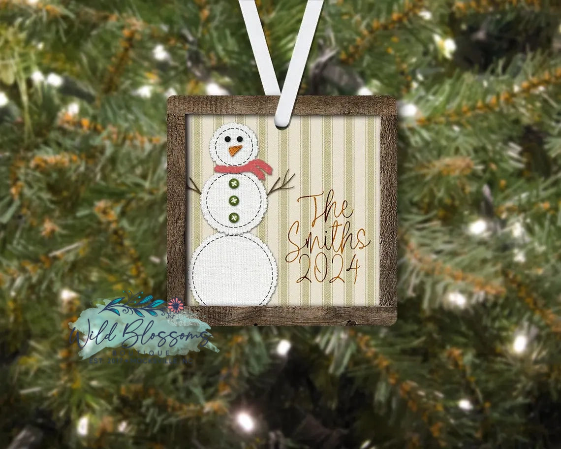 Rustic Stitched Snowman Grain Sack Personalized Ornament