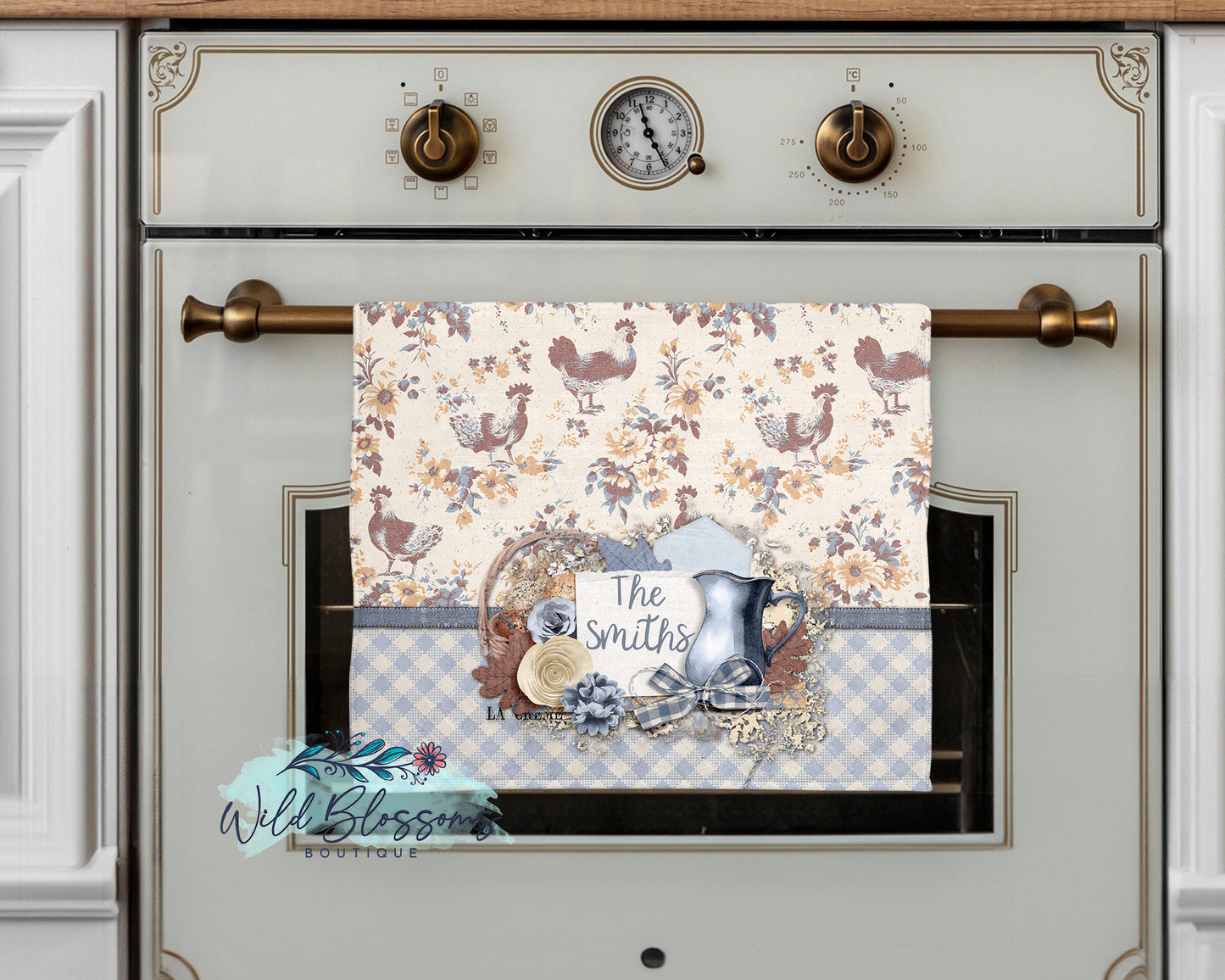 Vintage Floral Rooster Personalized Kitchen Towel