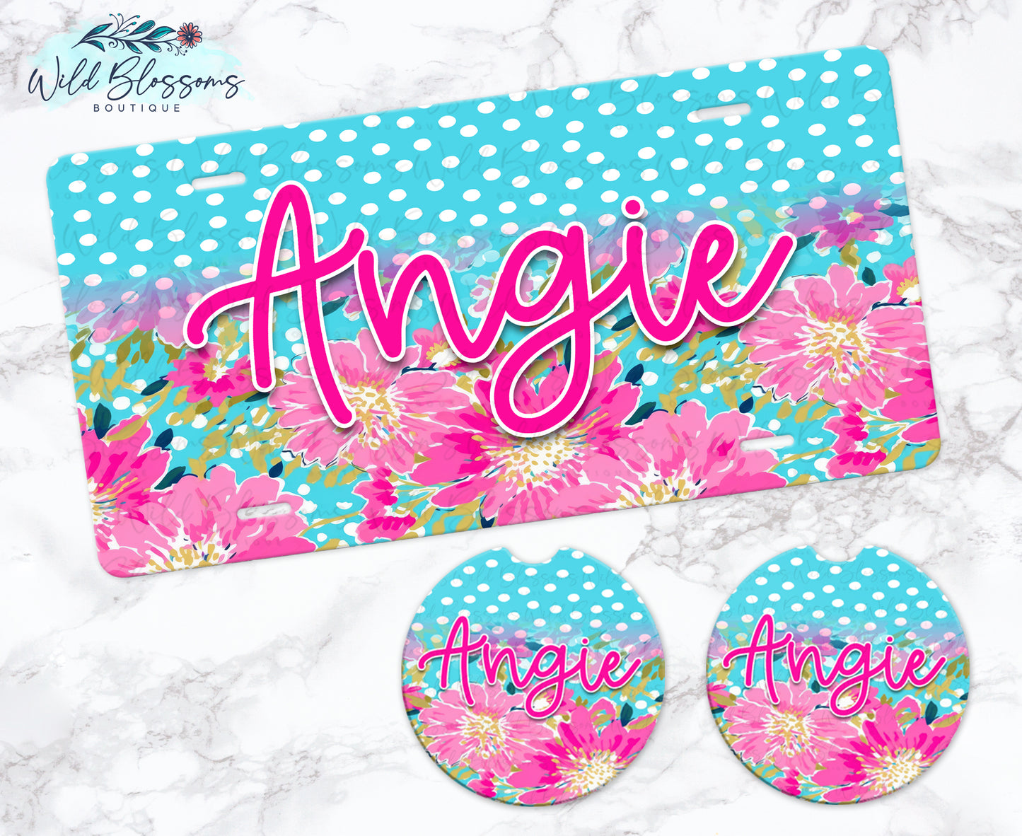 Hot Pink Floral And Aqua Polka Dot Personalized License Plate