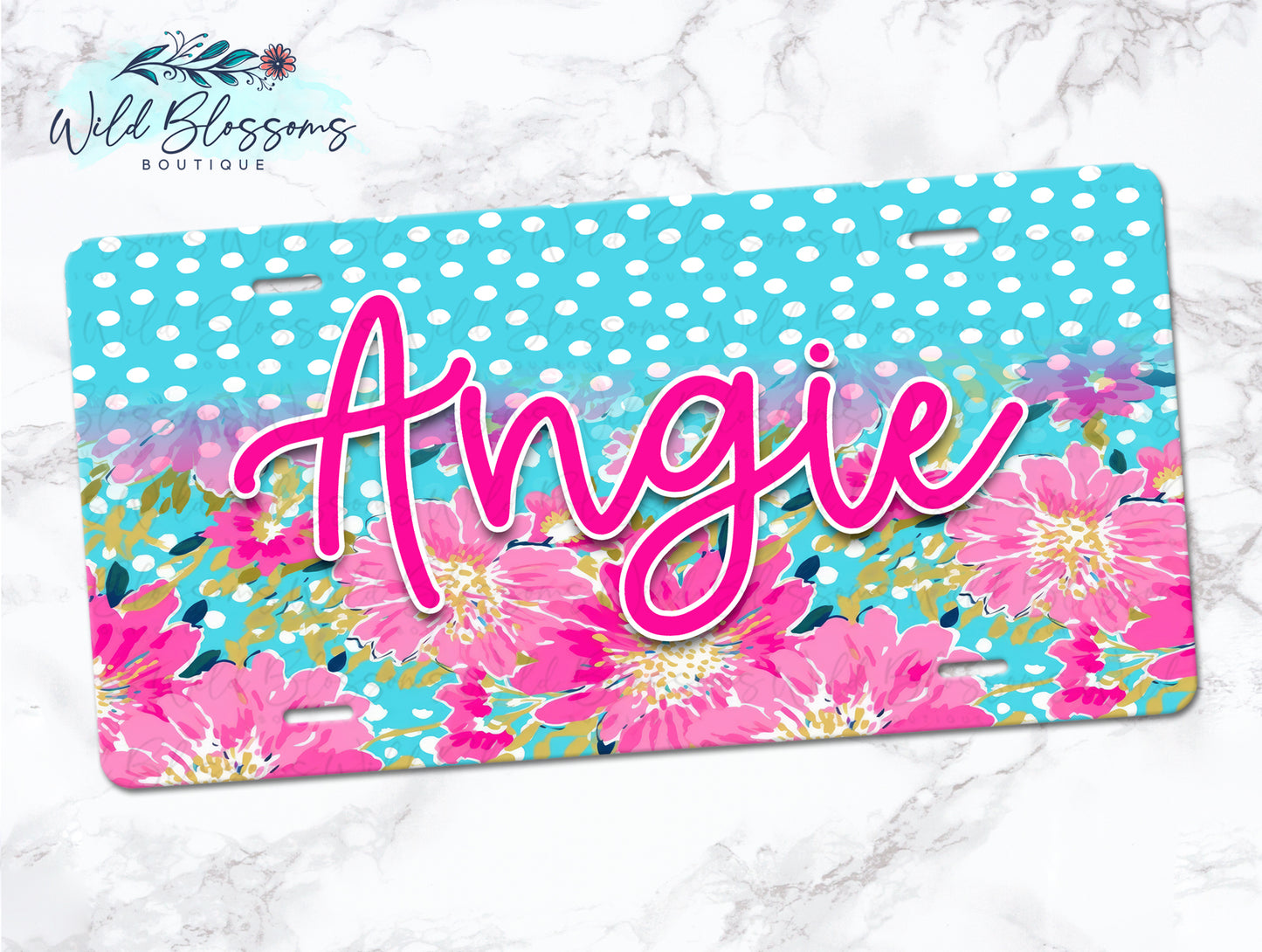Hot Pink Floral And Aqua Polka Dot Personalized License Plate