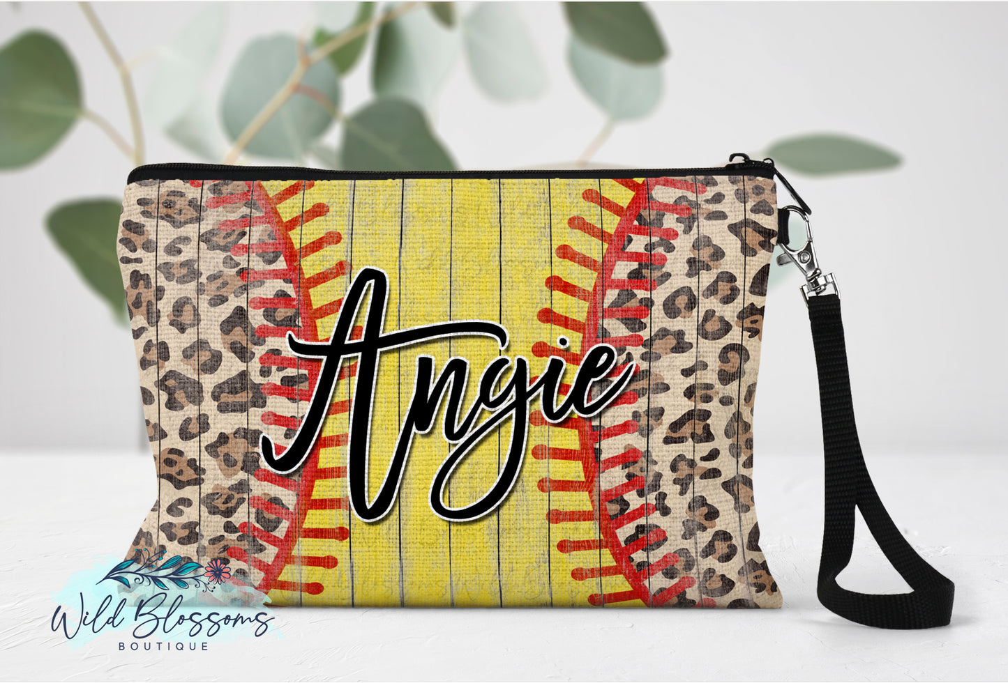 Wooden Softball And Leopard Print Personalized Linen Bag